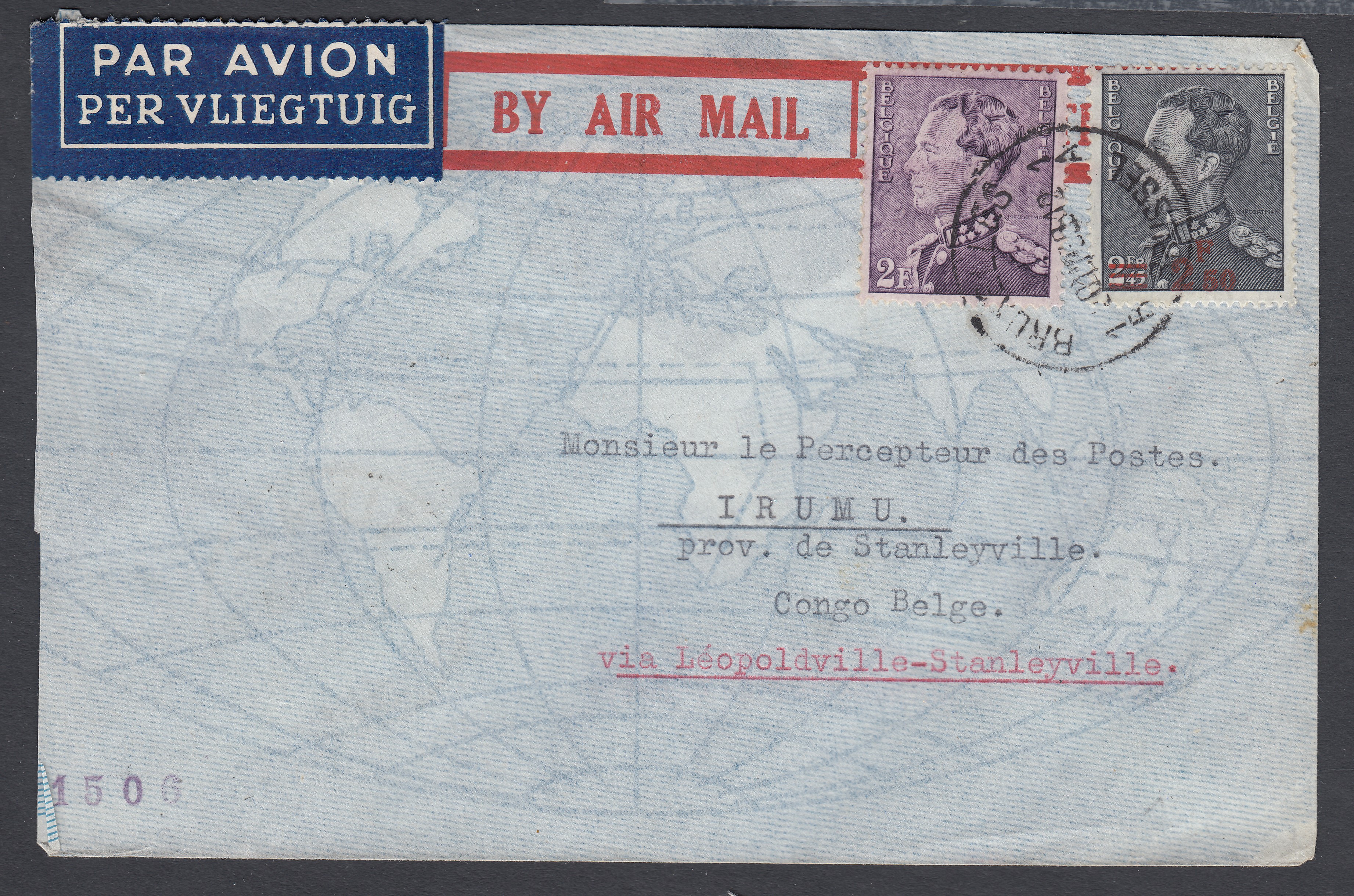 431 +478 sur lettre par avion de BXL le 20.11.1938 à destination d'Irumu. Cachet de passage à Stanleyville +Càd au verso.
