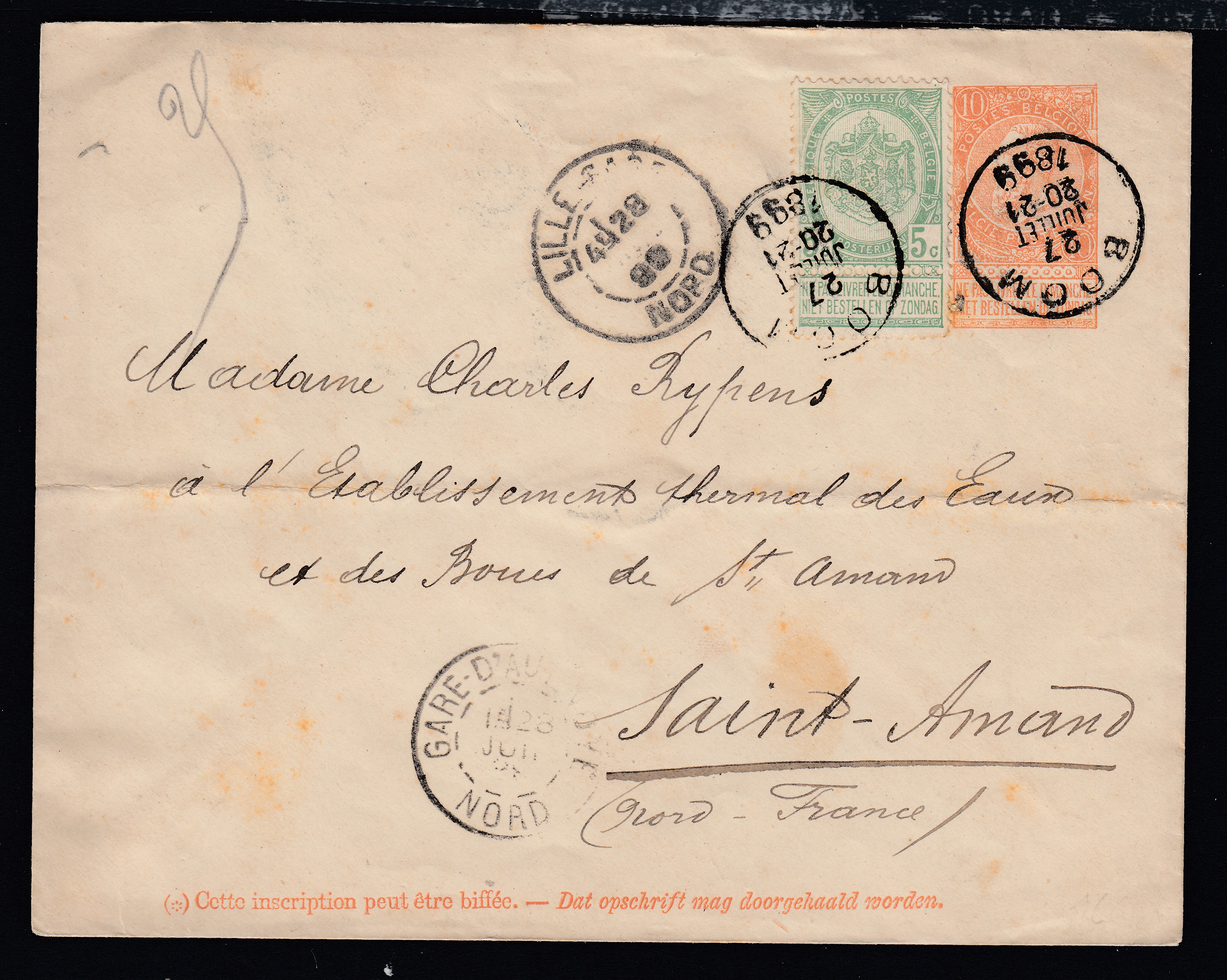 56 sur Ep10c type « Fine Barbe -Tp 57 » de Boom le 27 juillet 1899 vers St-Amand, France via Lille gare ( Cachet au recto). Càd au verso.
