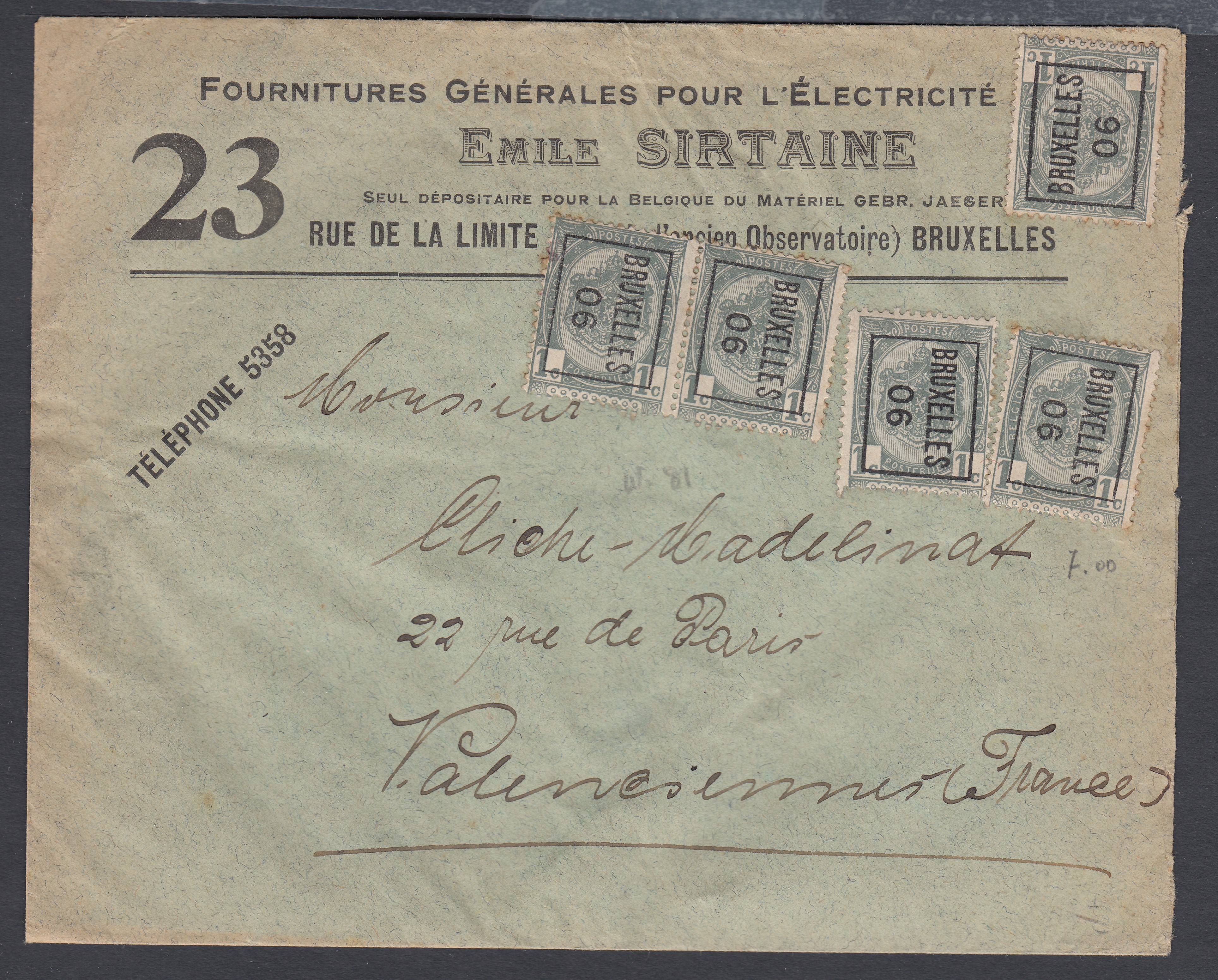 53 x5 préoblitérés « BXL /06 » sur lettre à entête commerciale, vers Valenciennes.