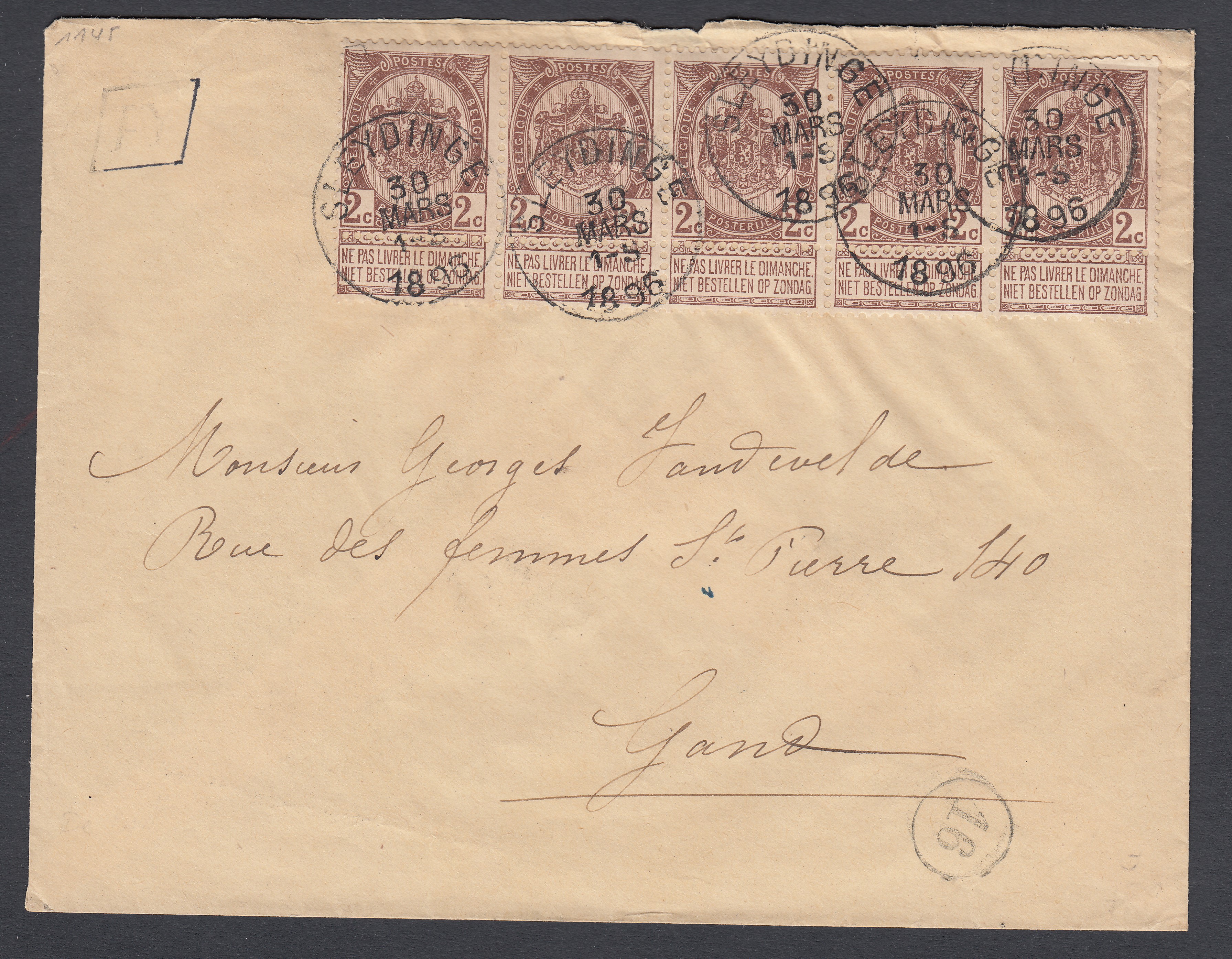 55 en bande de 5 sur lettre de la boîte « FS » via Sleydinge le 30 mars 1896 vers Gand.