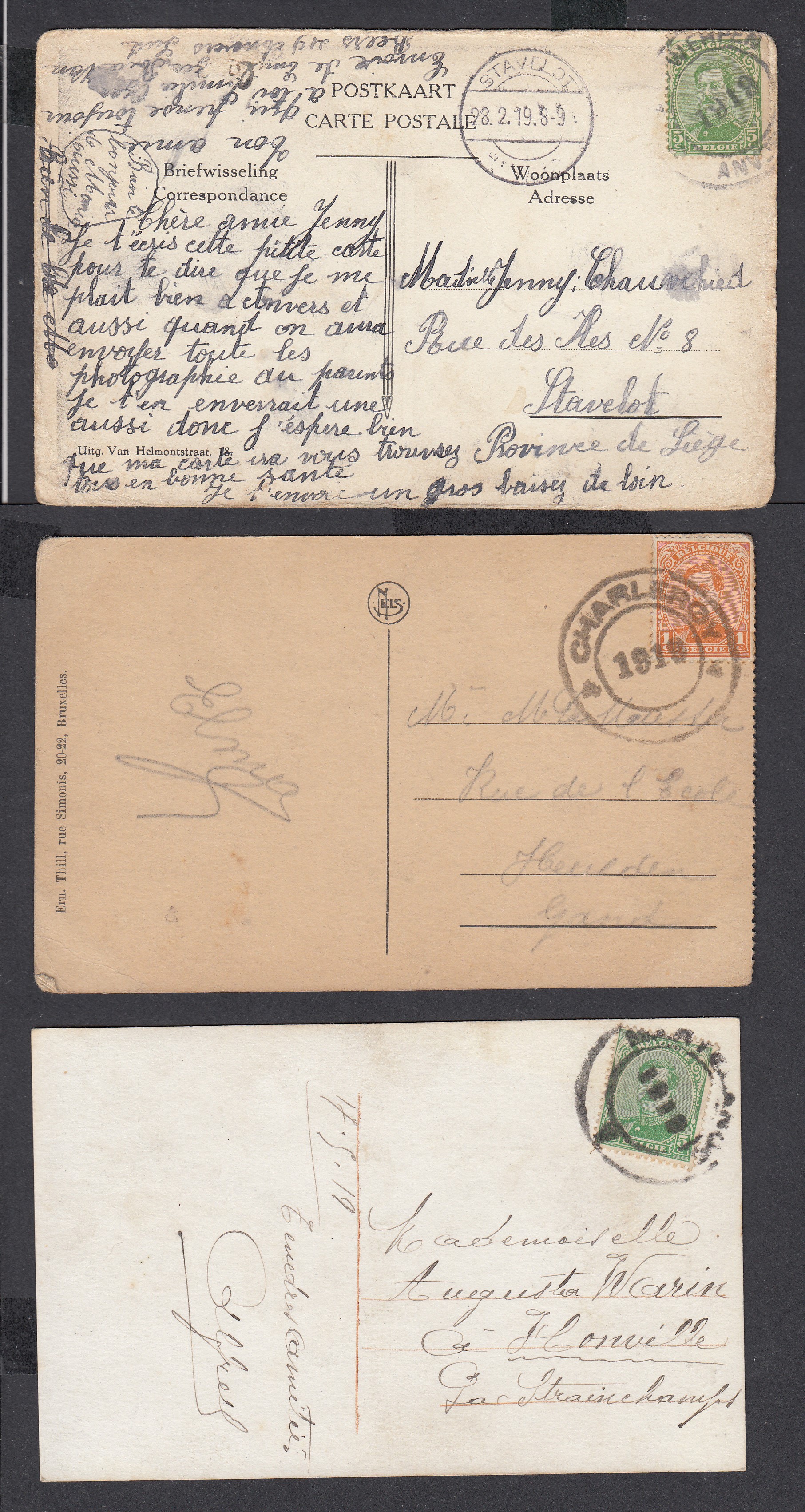 Fortune : Cachets CAOUTCHOUC : Lot de 3Cp expédiées d'Havelange, St-Nicolas en service intérieur en 1919.