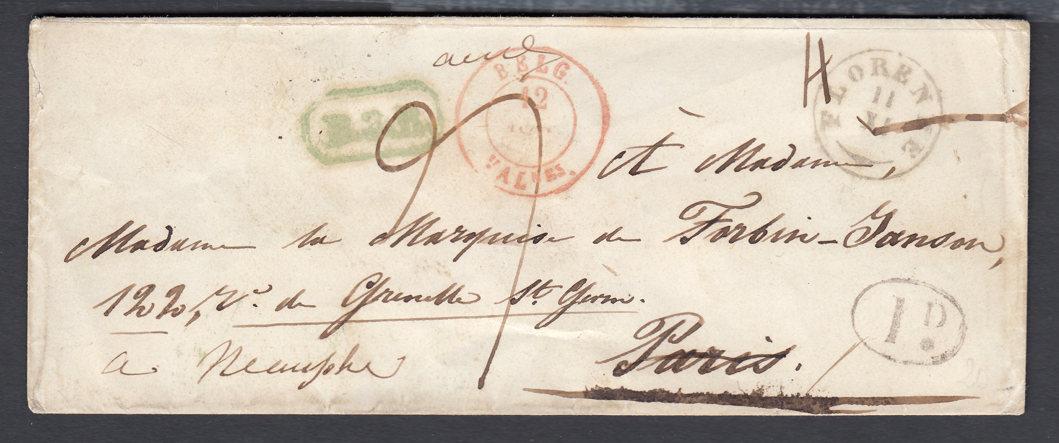 LSC (Env.) de Florenne ( Cachet type18) vers Paris. Griffe « B.2.R » + « ID. » + »BELG /VALes » au recto. Manuscrit « Parti...en Seine et Aisne » + cachets d'arrivées au verso.