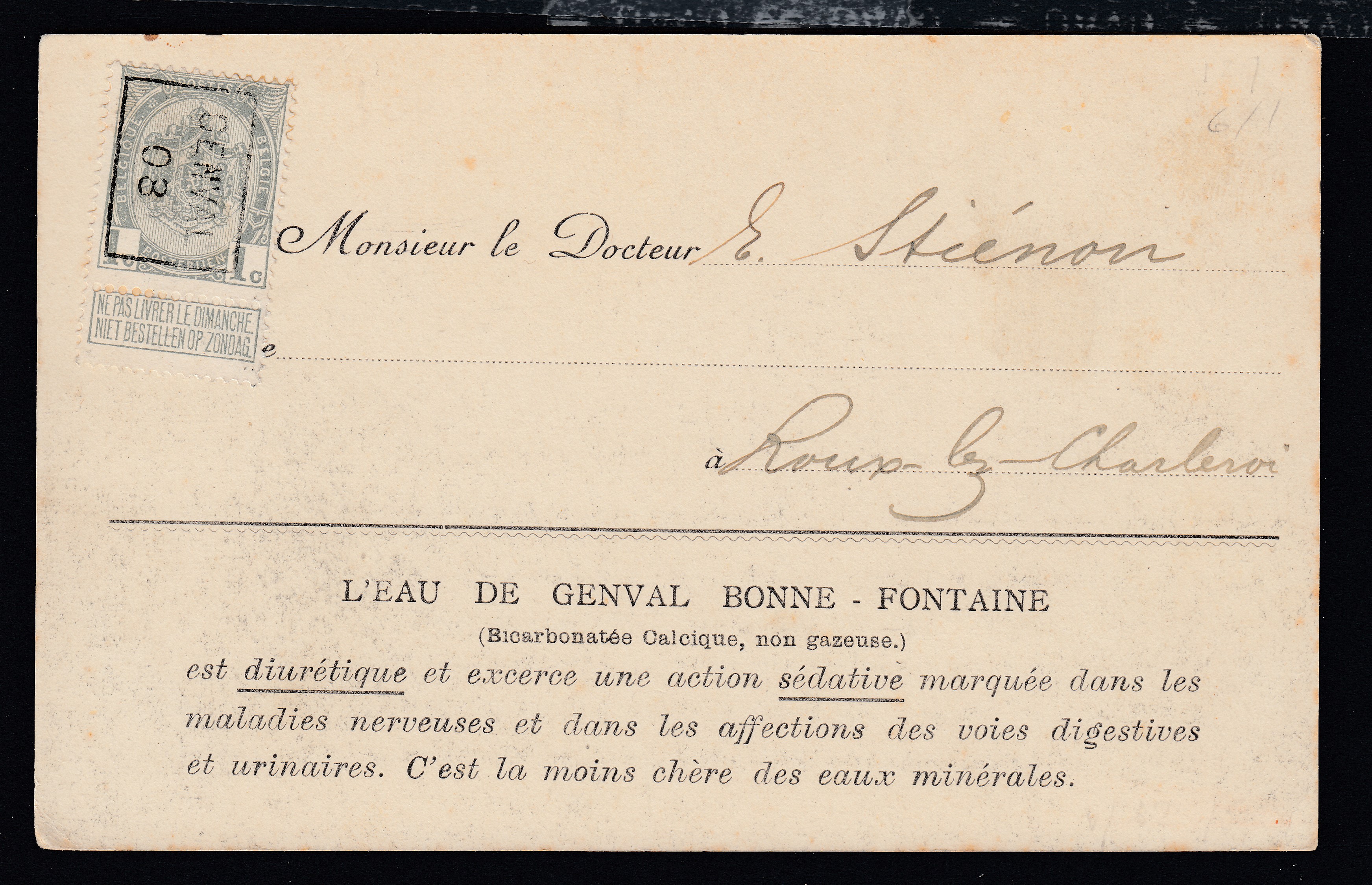 83 préoblitéré DENVAL /08 sur Cp avec piquage touristique au verso L'EAU DE GENVAL BONNE FONTAINE, vers Roux-lez-Charleroi.