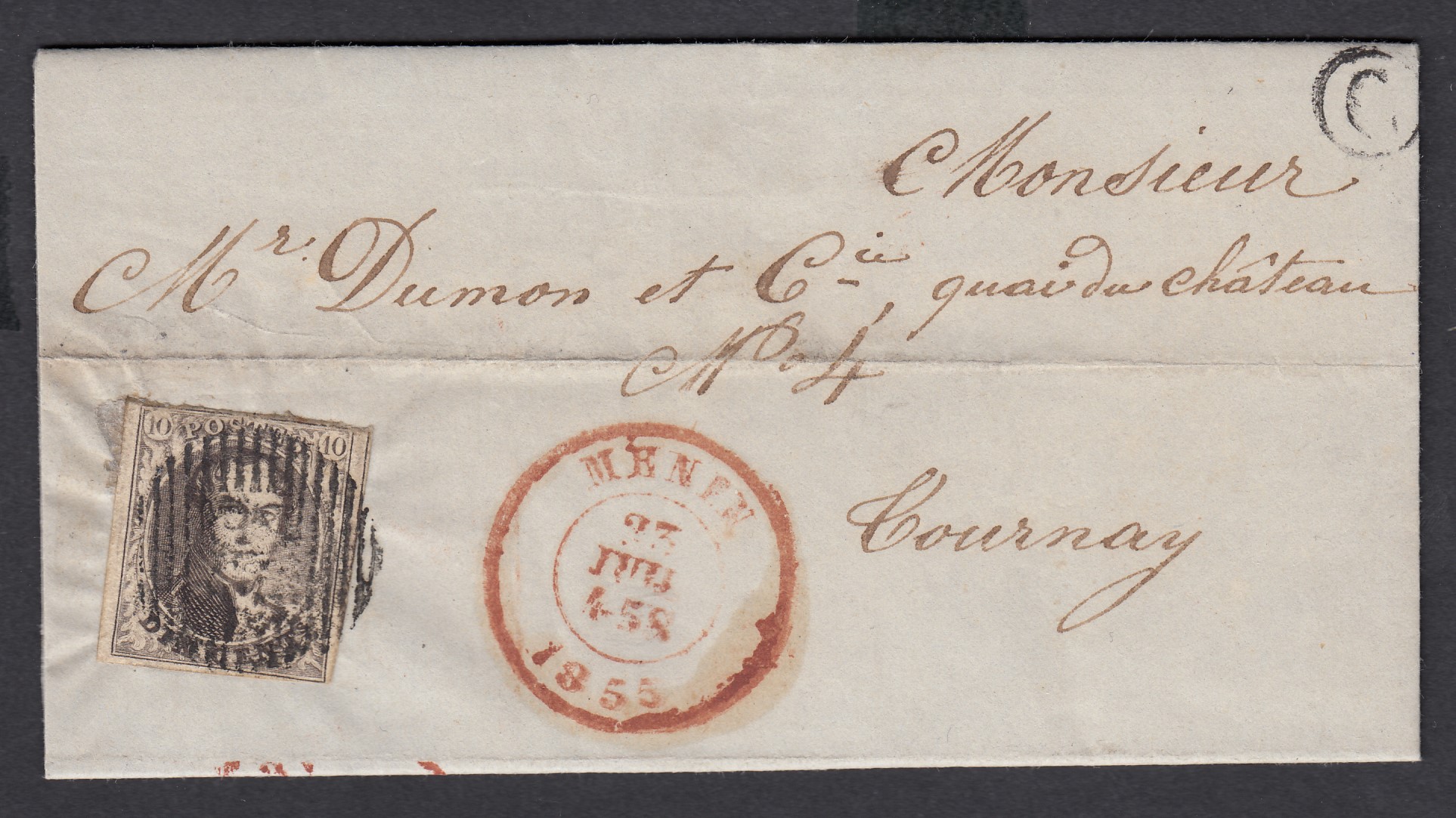 6 margé ( Petit déf.sup.) sur LAC datée de Rolleghem Capelle, de la boîte «G » via Menen ( P82) le 23 juillet 1855 vers Tournay. Càd au verso.