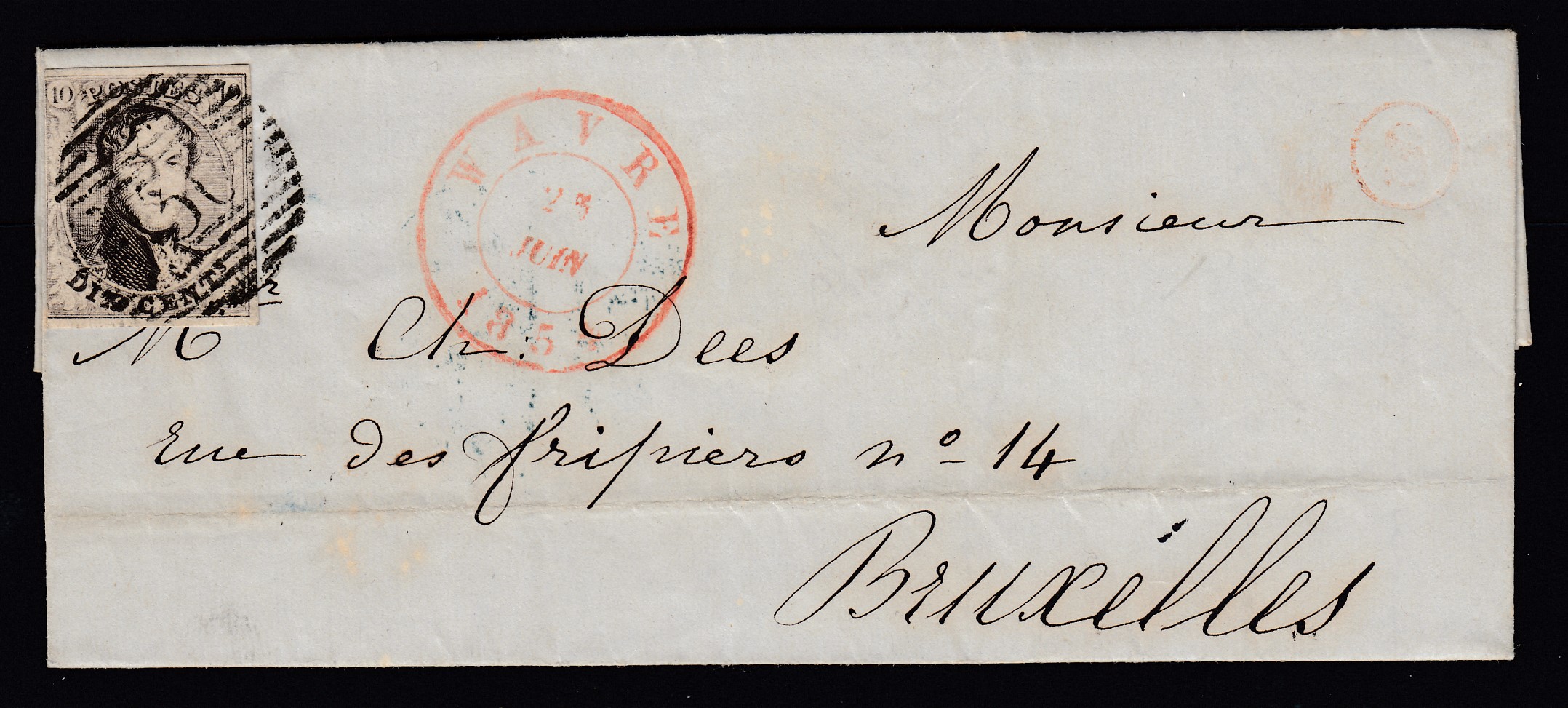 6 au filet sur LAC datée de Boulez, de la boîte «S » en rouge via Wavre ( P130) le 23 juin 1854 vers BXL. Càd au verso.