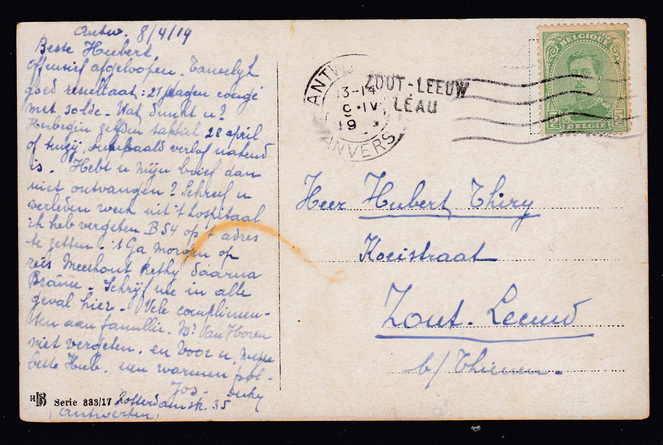 137 sur Cp d'Anvers le 9.IV.1919 vers Zout-Leeuw. Griffe bilnéaire « ZOUT-LEEUW /LEAU » d'arrivée.