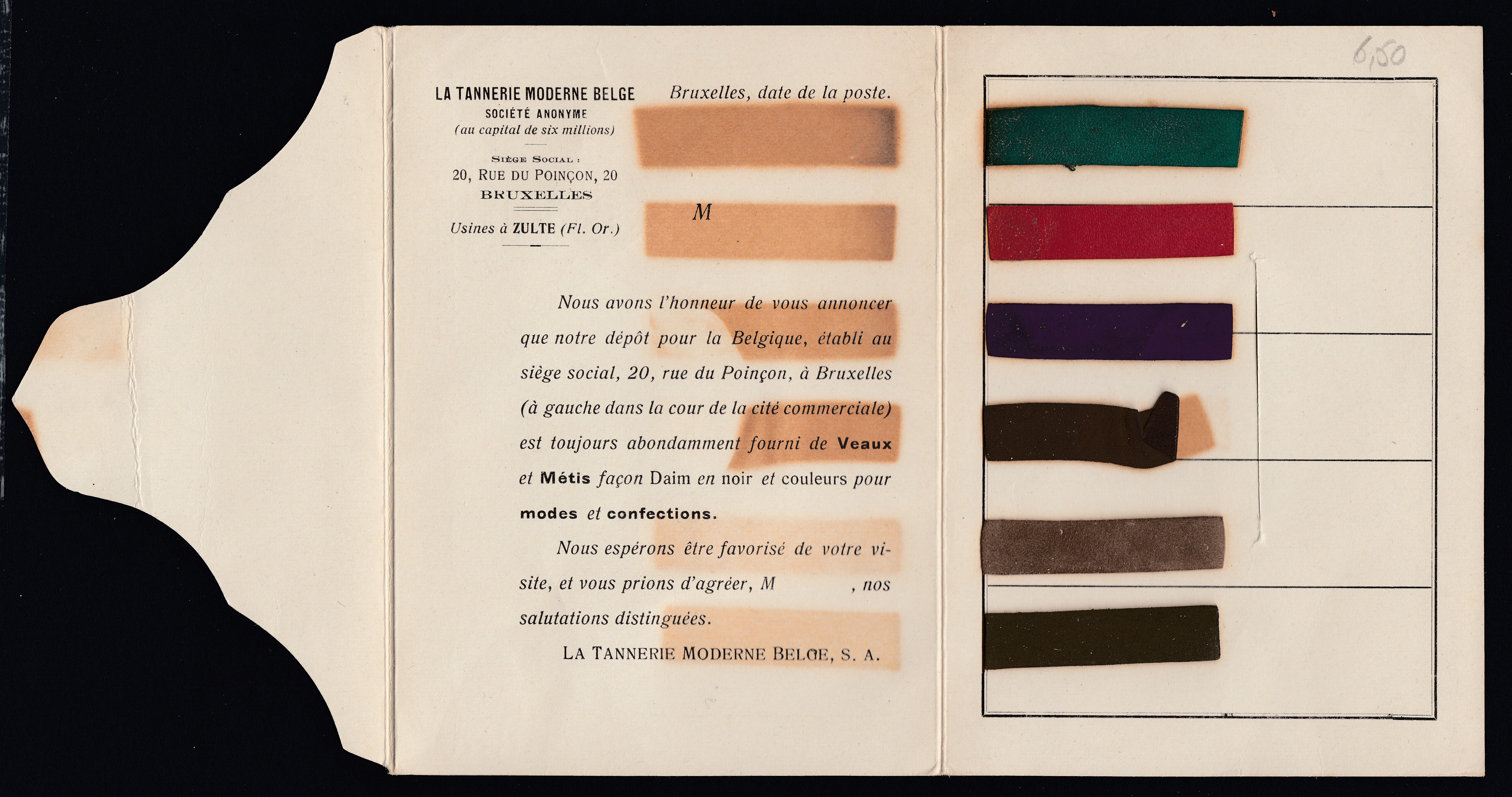 139 sur Cp à entête « LA TANNERIE MODERNE BELGE », carte pliante spéciale pour des échantillons de tissus, de BXL le 11.VIII.1921 vers Mons.