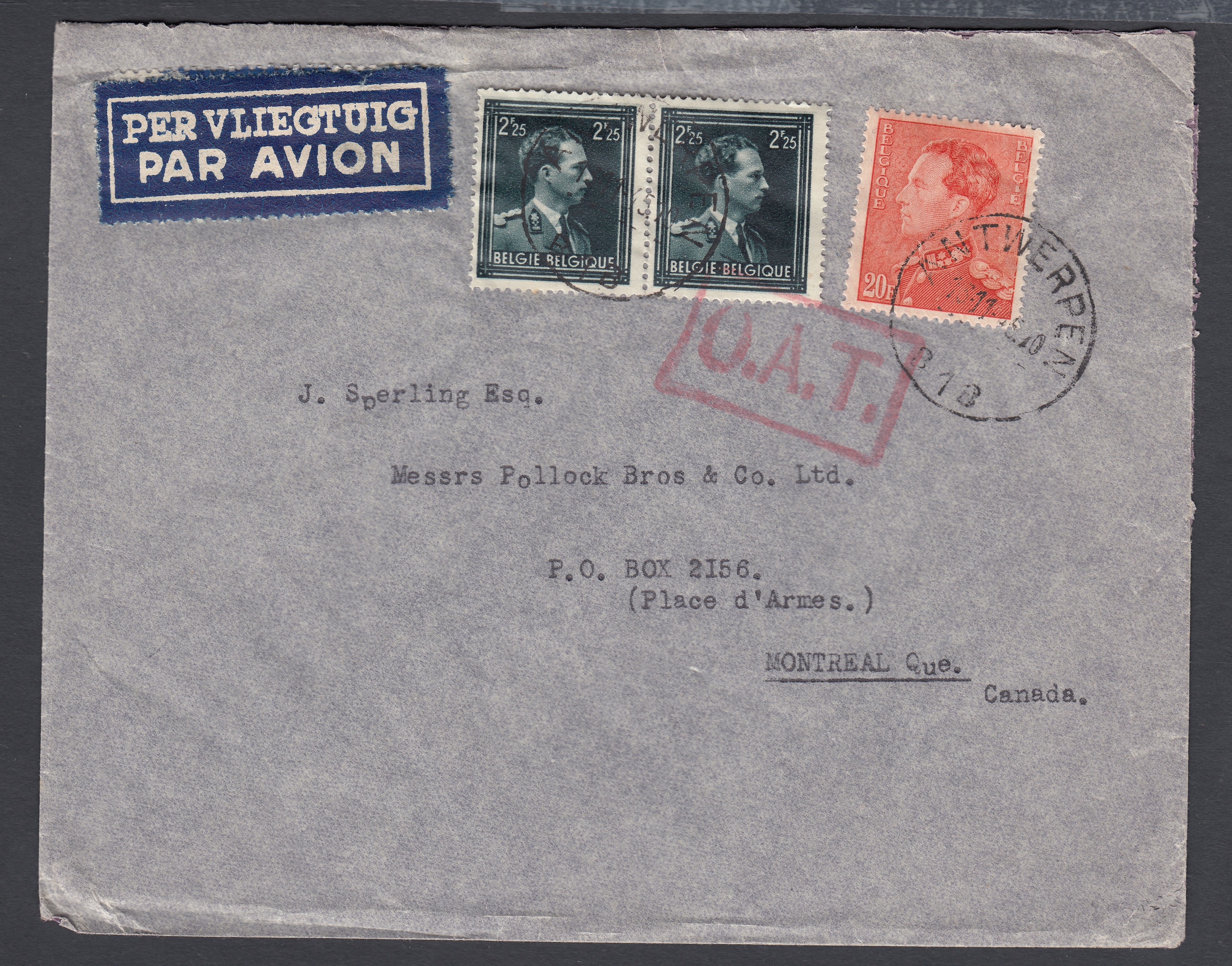 435 +644 en paire sur lettre par avion ( Griffe rouge O.A.T.) d'Antwerpen le 13.11.1946 vers Montréal, Canada.