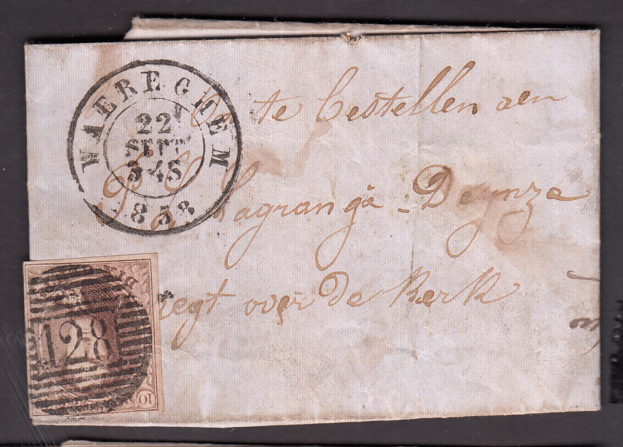 10A margé sur LAC de Waereghem (P128) le 22 sept 1858 vers Deynze. Càd au verso.