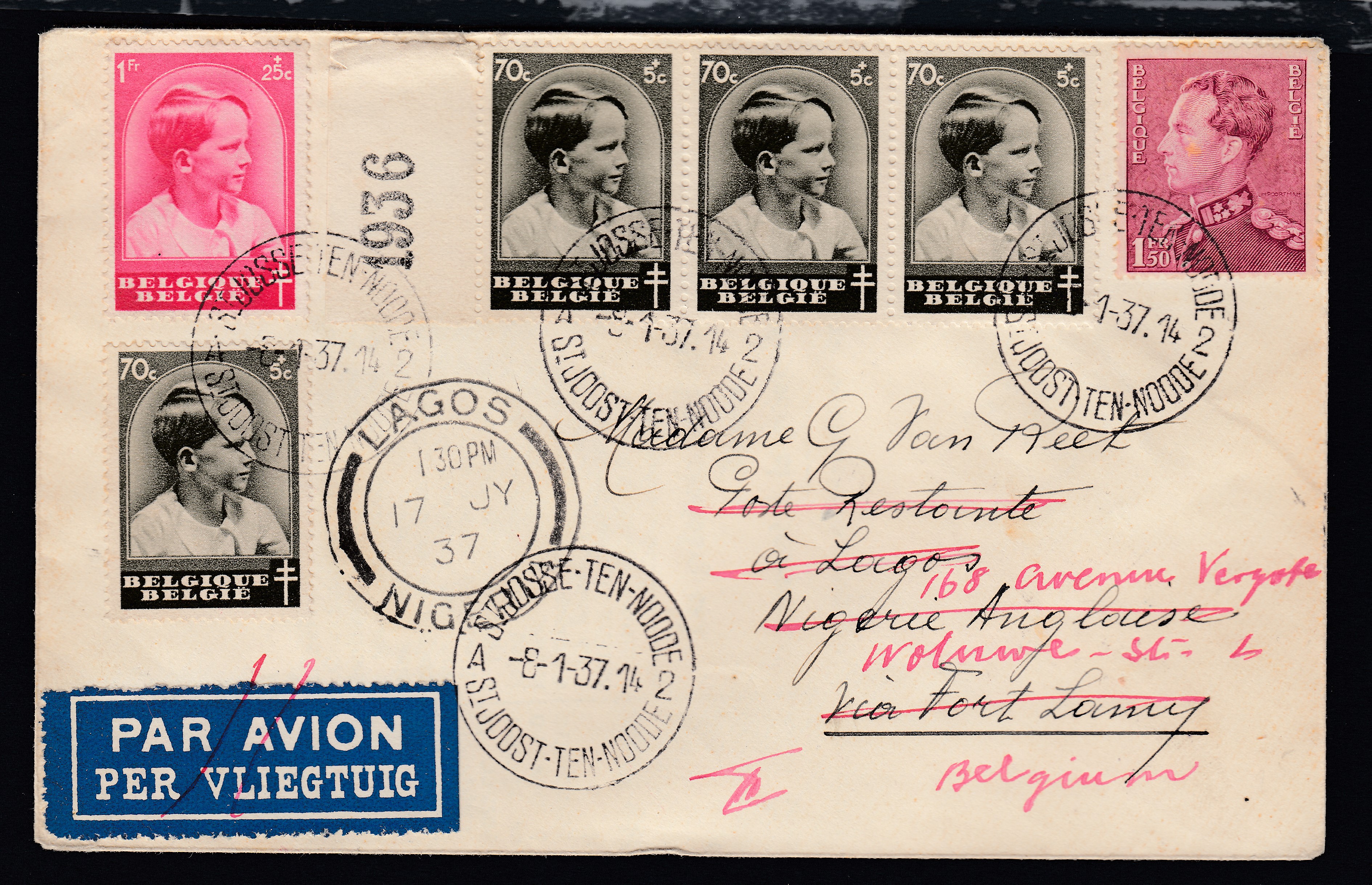 429 +442 x4 +443 sur lettre par avion de St-Josse-ten-Noode le 8.1.1937 vers For Lamy, Nigerie Anglaise. Suivi vers Woluwé-St-Lambert. Càd au verso.