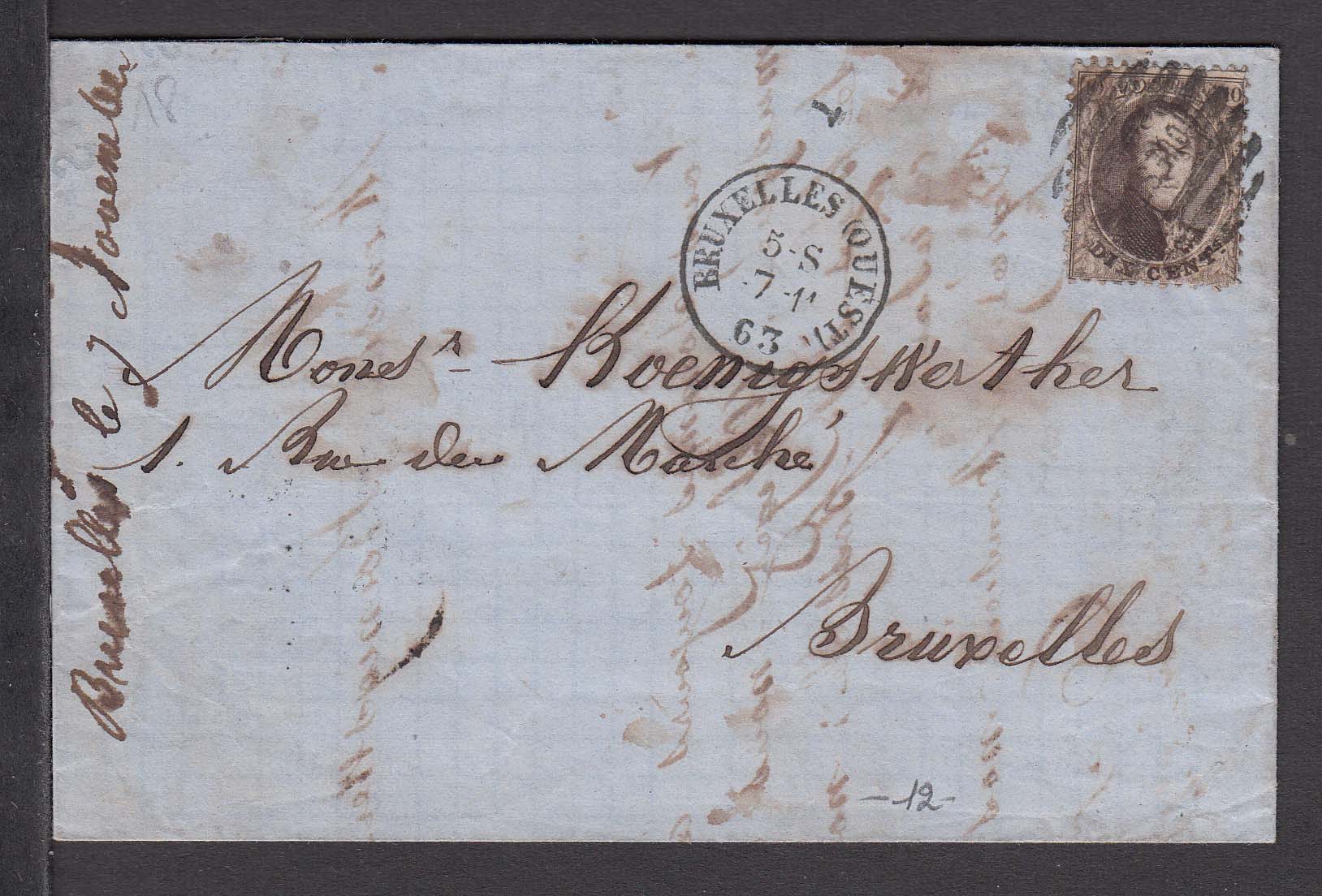 14A (dent. 12 1/2 x 13 1/2) sur LAC le 7.11.1863 de BXL Ouest (oblit à barres Horizontales OUEST des Ambulants) vers BXL. Cachet d'arrivée au verso.