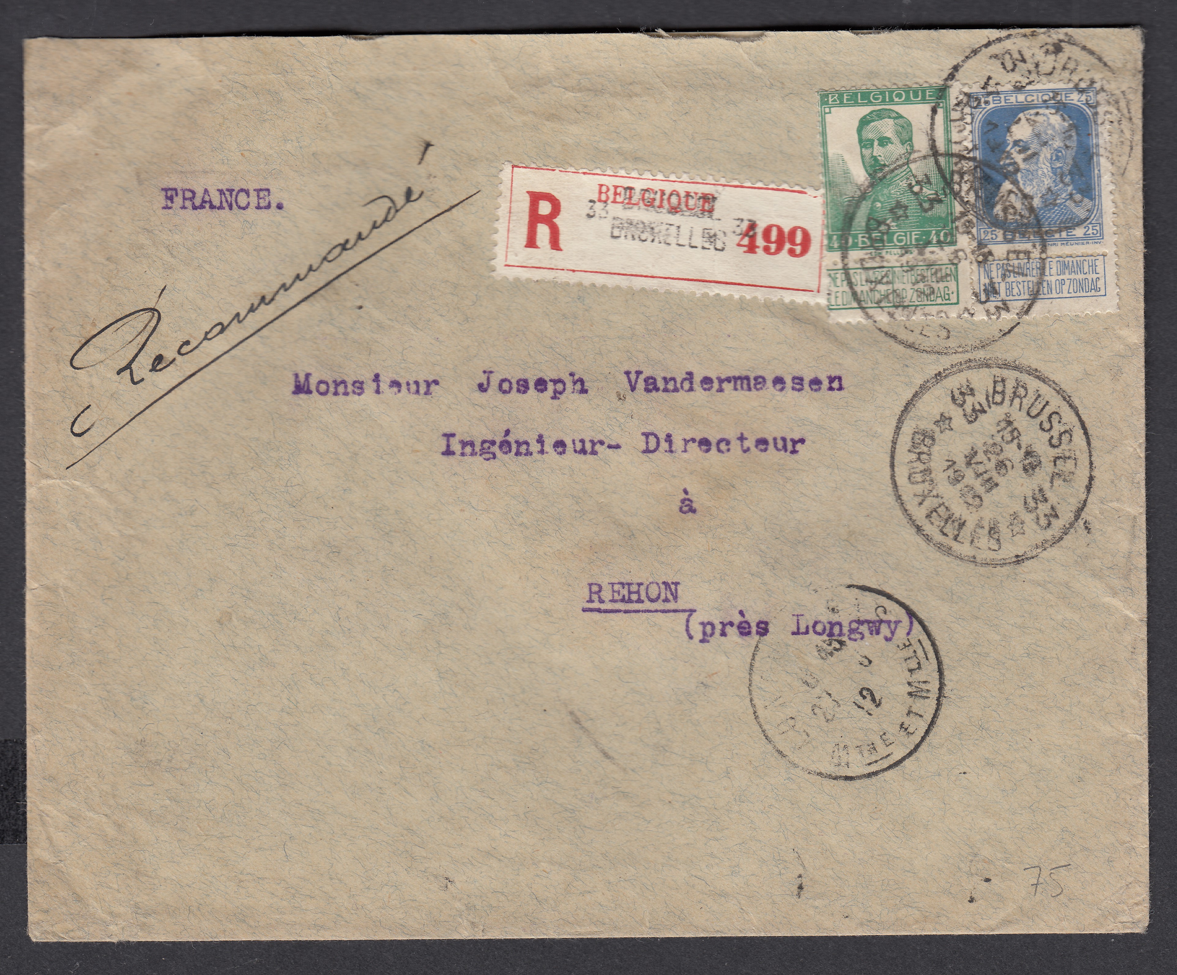 76 +114 sur lettre en recommandé de BXL agence 33 le 26.VIII.1912 vers Rehon, France. Càd au verso.