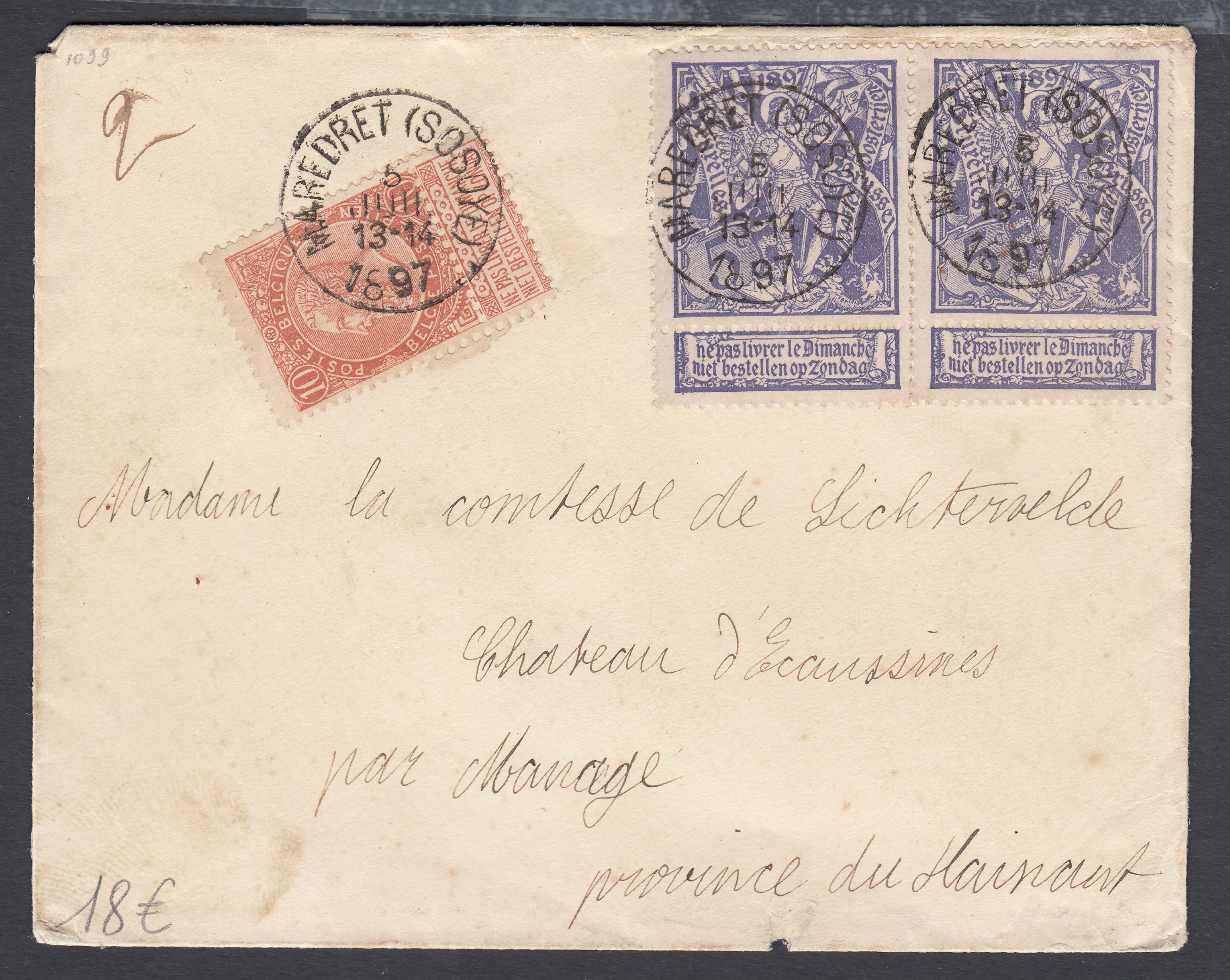 57 +71 x2 sur lettre de Maredret (Sosoye) le 5 juil.1897 vers Manage. Càd au verso.