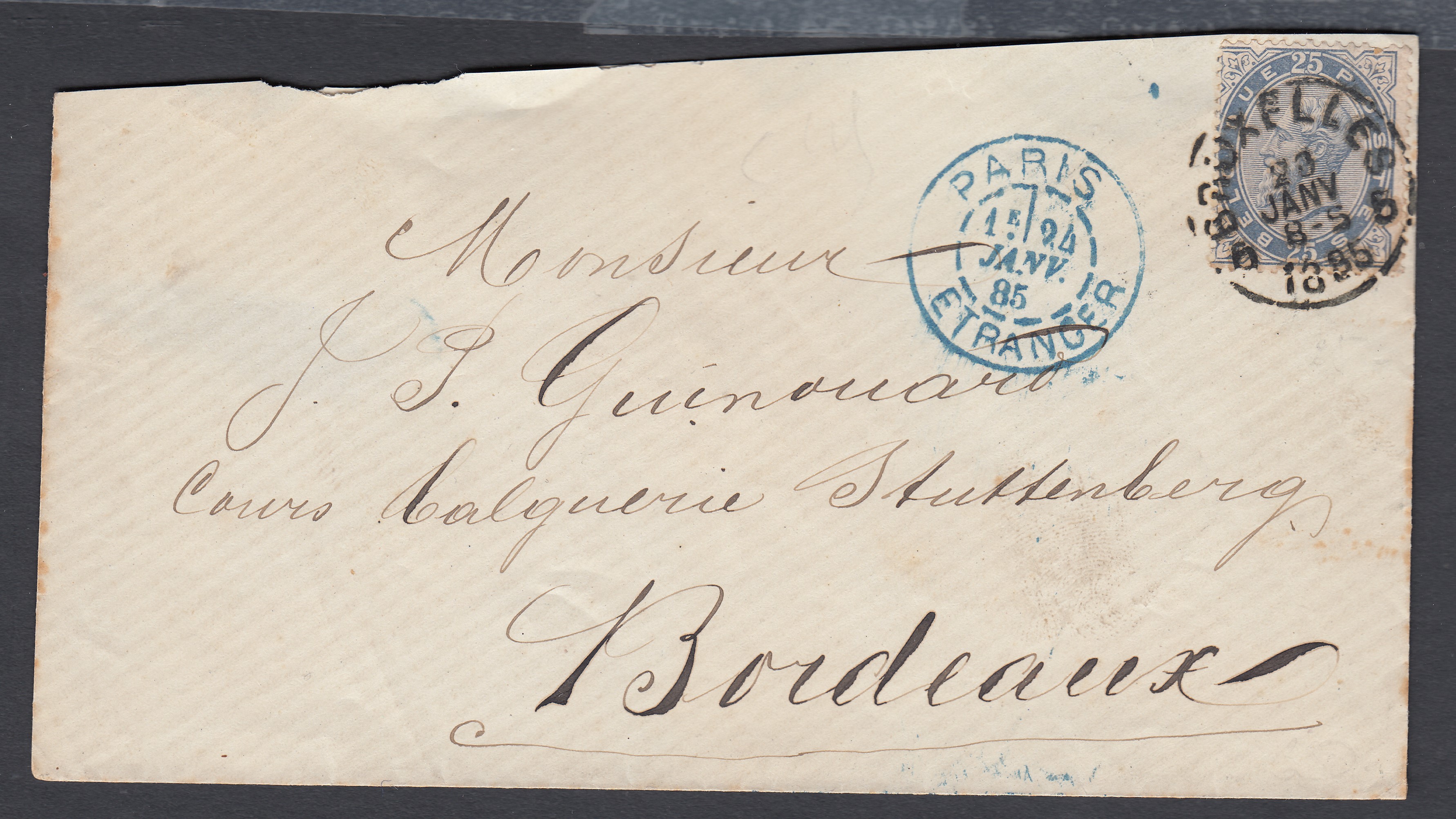 40 sur lettre de BXL le 23 jan 1885 vers Bordeaux. Cachet en bleu « Pais /Etranger » au recto.
