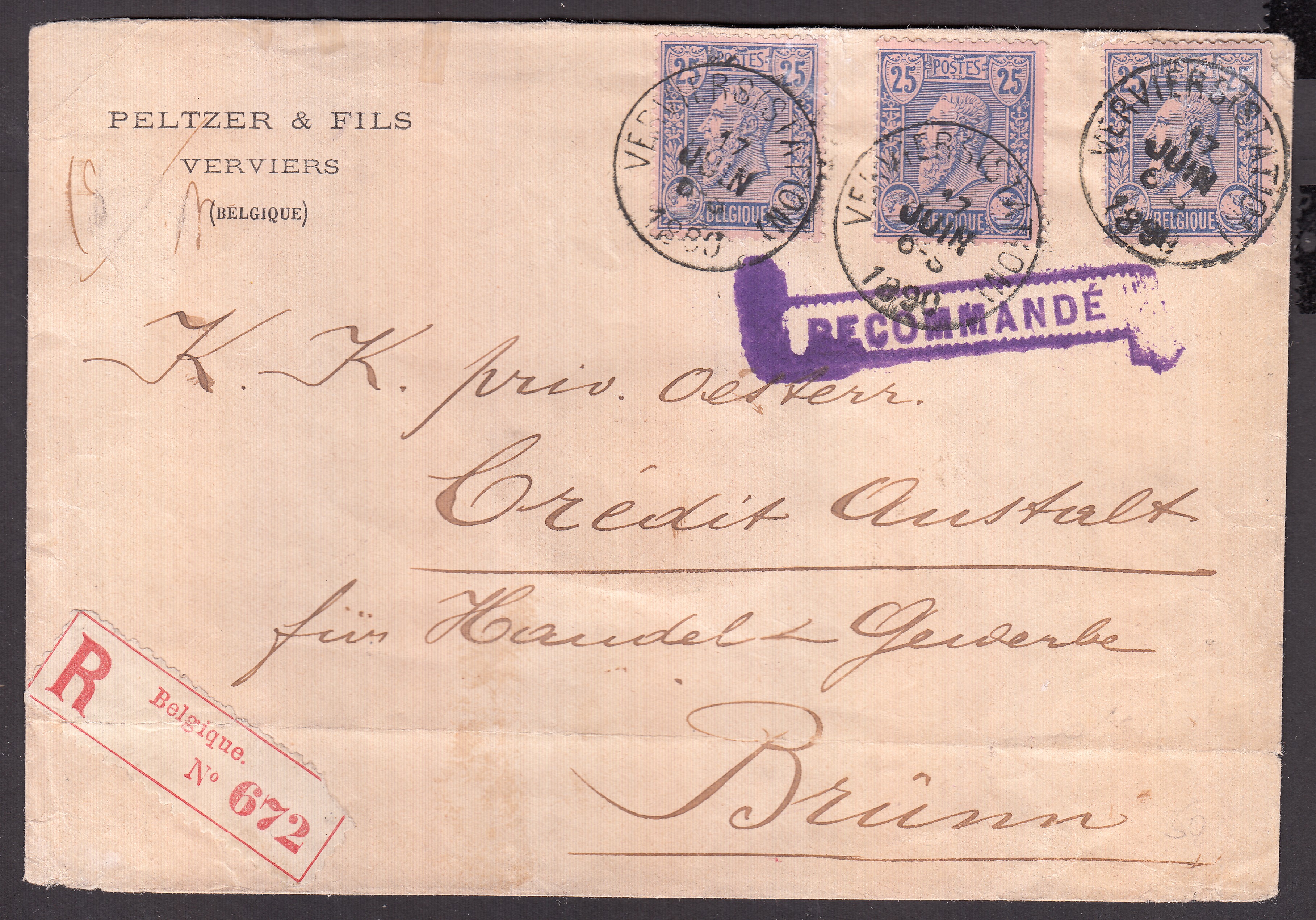 48 x3 sur lettre en recommandé de Verviers (Station) le 17 juin 1880 vers Brunn, Allemagne. Càd au verso.