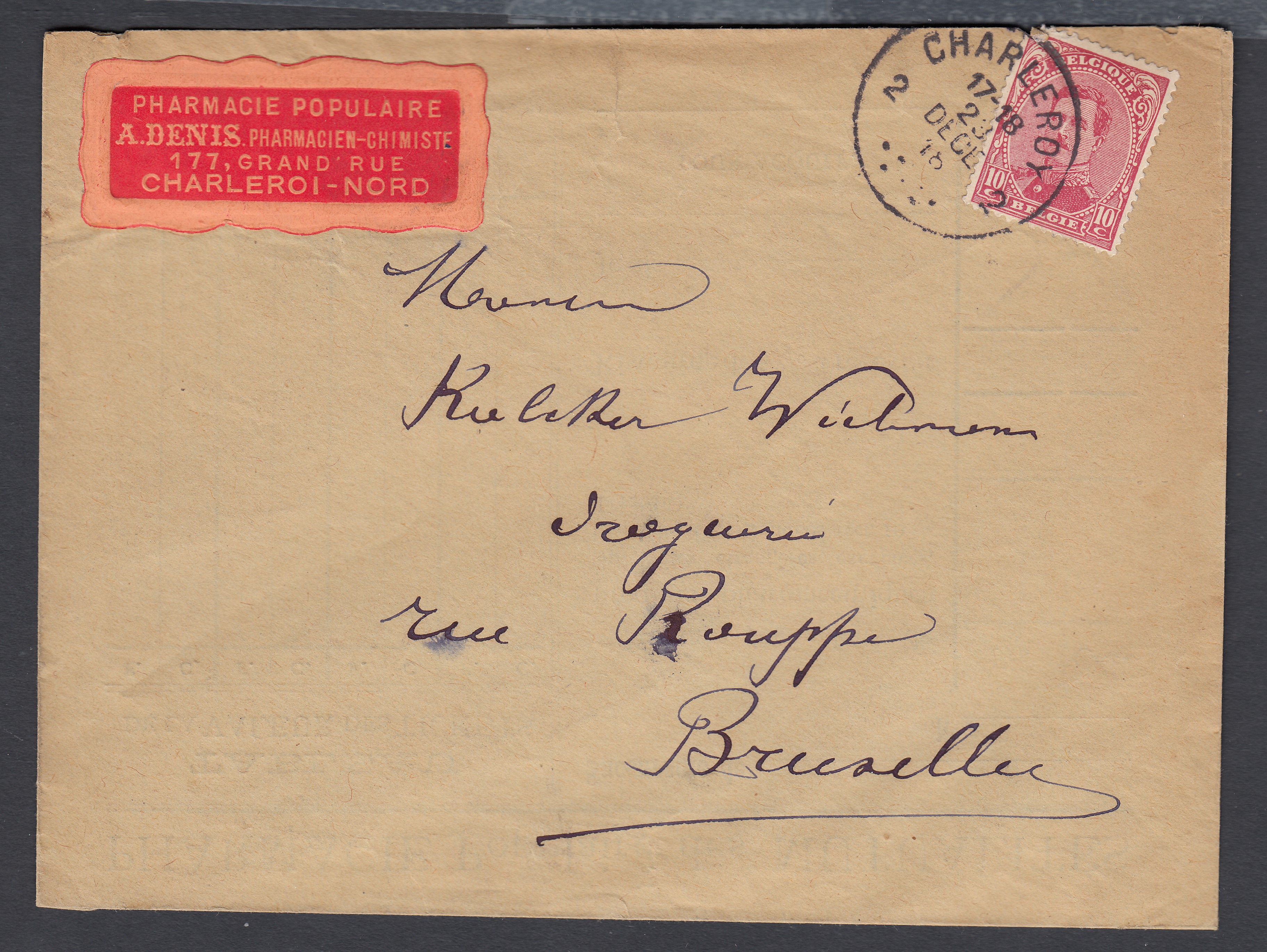 138 +entête (vignette « Pharmarcie Populaire ») sur lettre de Charleroi le 23 dec.1918 vers BXL