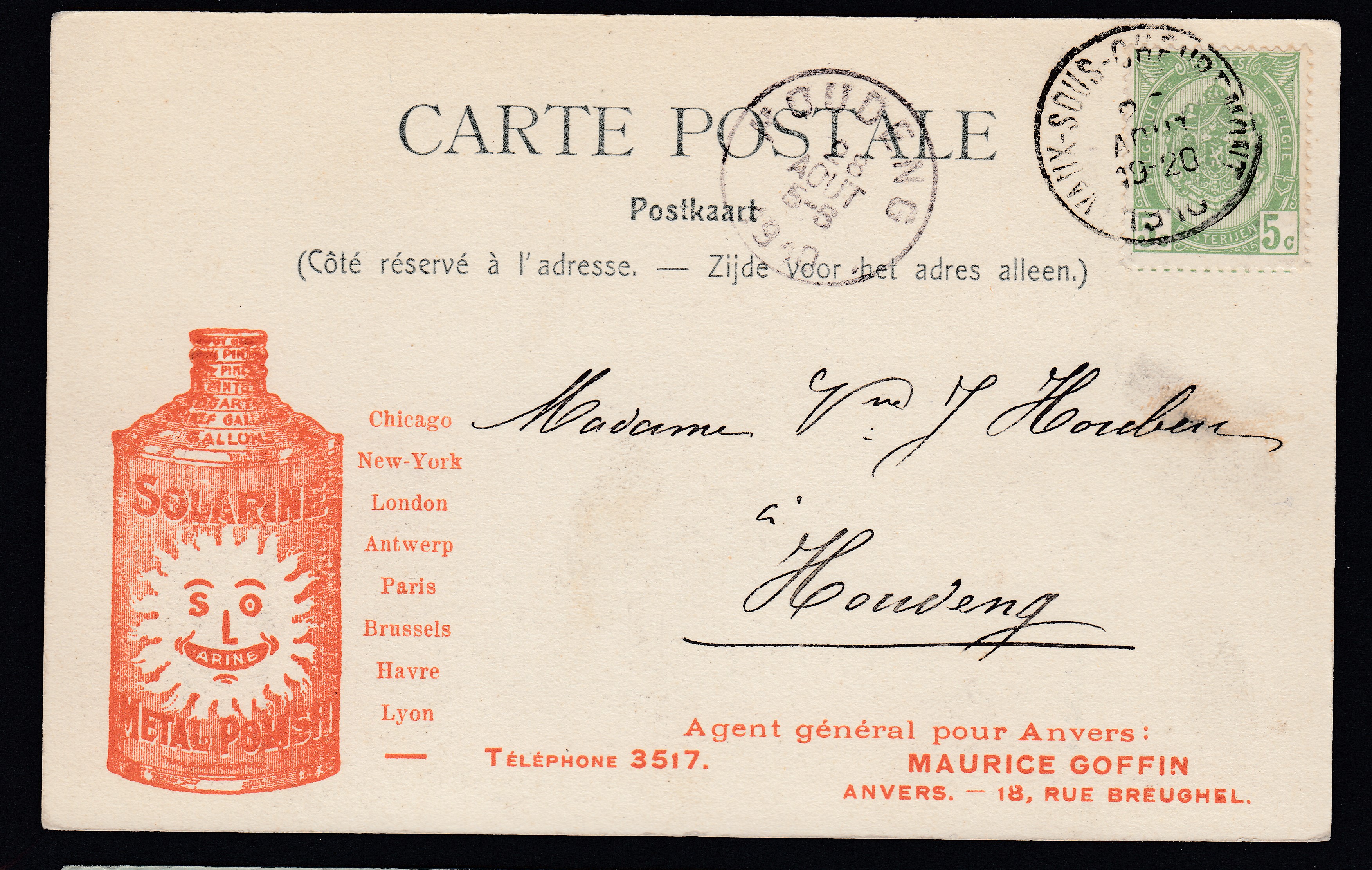 56 sur Cp illustrée « Solarine » de Vaux-sous-Chévremont le 28 août 1910 vers Houdeng. Càd au recto.