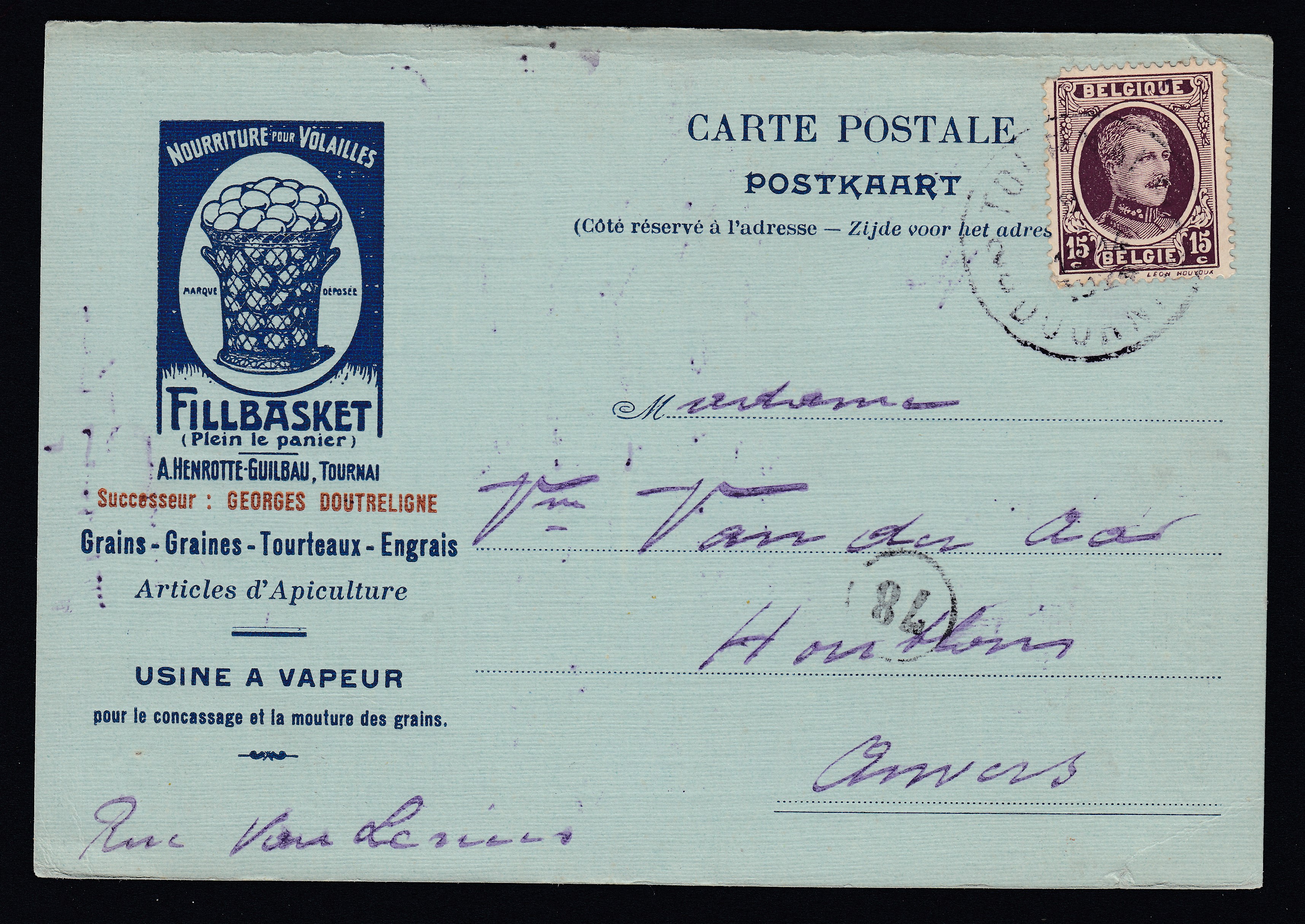 195 sur Cp illustrée « Fillbasket » datée et de Tournai le 9.10.1924 à destination d'Anvers.