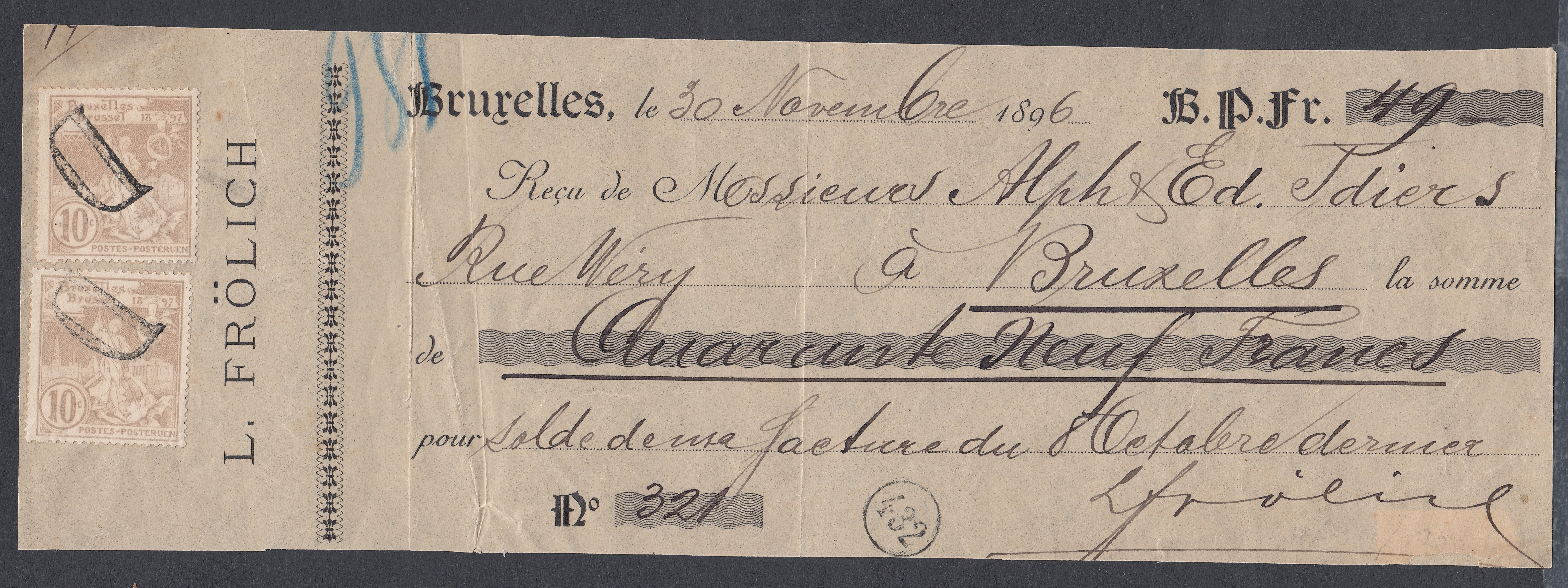 73 x2 annulé par griffe « D » sur reçu fait à BXL le 30 novembre 1806.