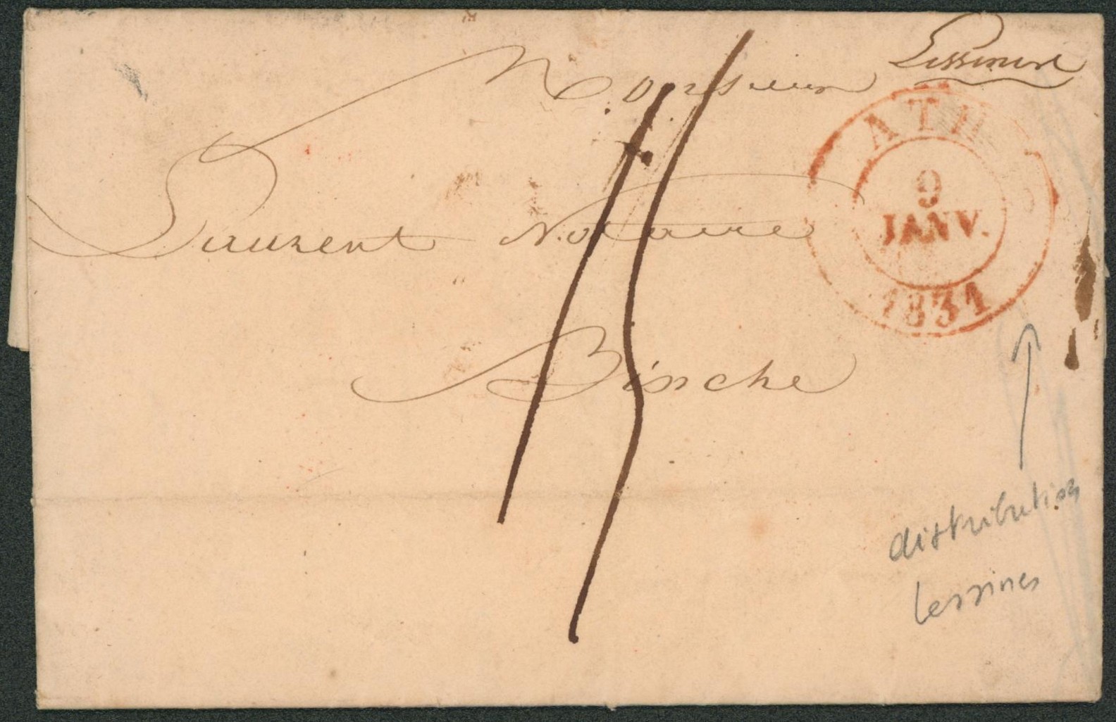 LAC + cachet dateur "Ath" (9/01/31) + marque manuscrite de distribution "lessines", port "15" > Binche