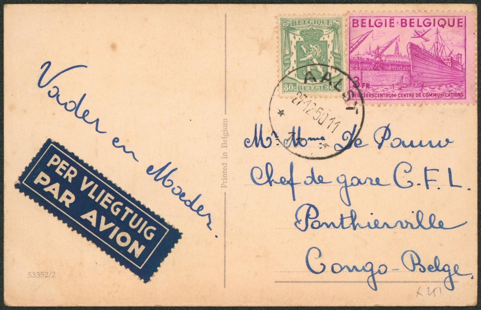 Agence Aalst 11 sur cp par avion (non recommandé ! 1950) vers le congo (Ponthierville). Combinaison rare et indice F !