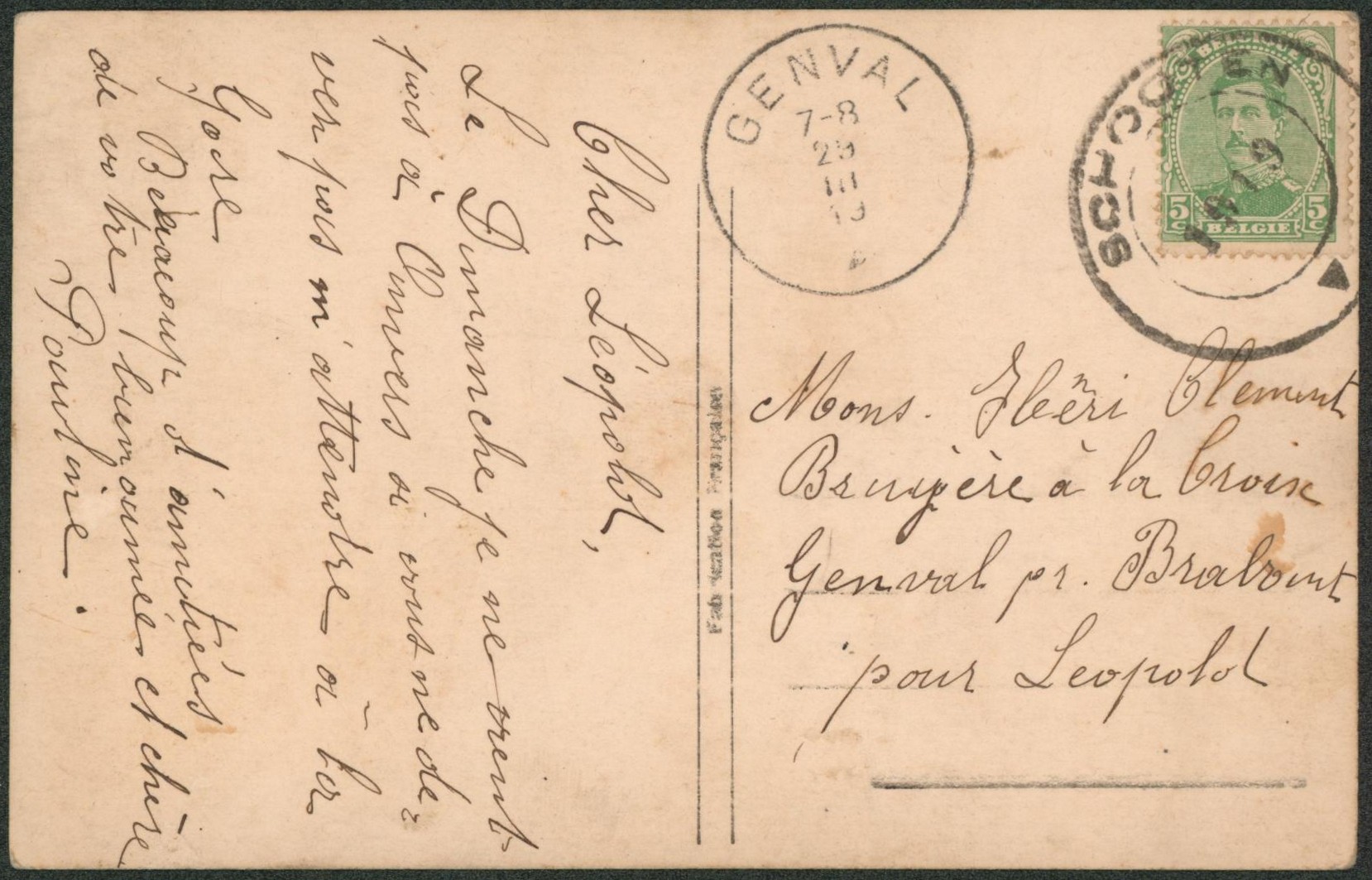 Albert I - n°137 sur CP obl double cercle de fortune "Schooten" > Genval