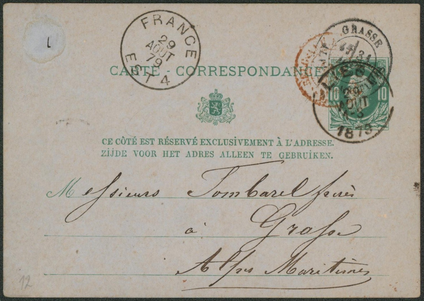 EP au type 10ctm vert obl simple cercle "Liège" + passage "France / Est 4" > Grasse (Alpes maritime)