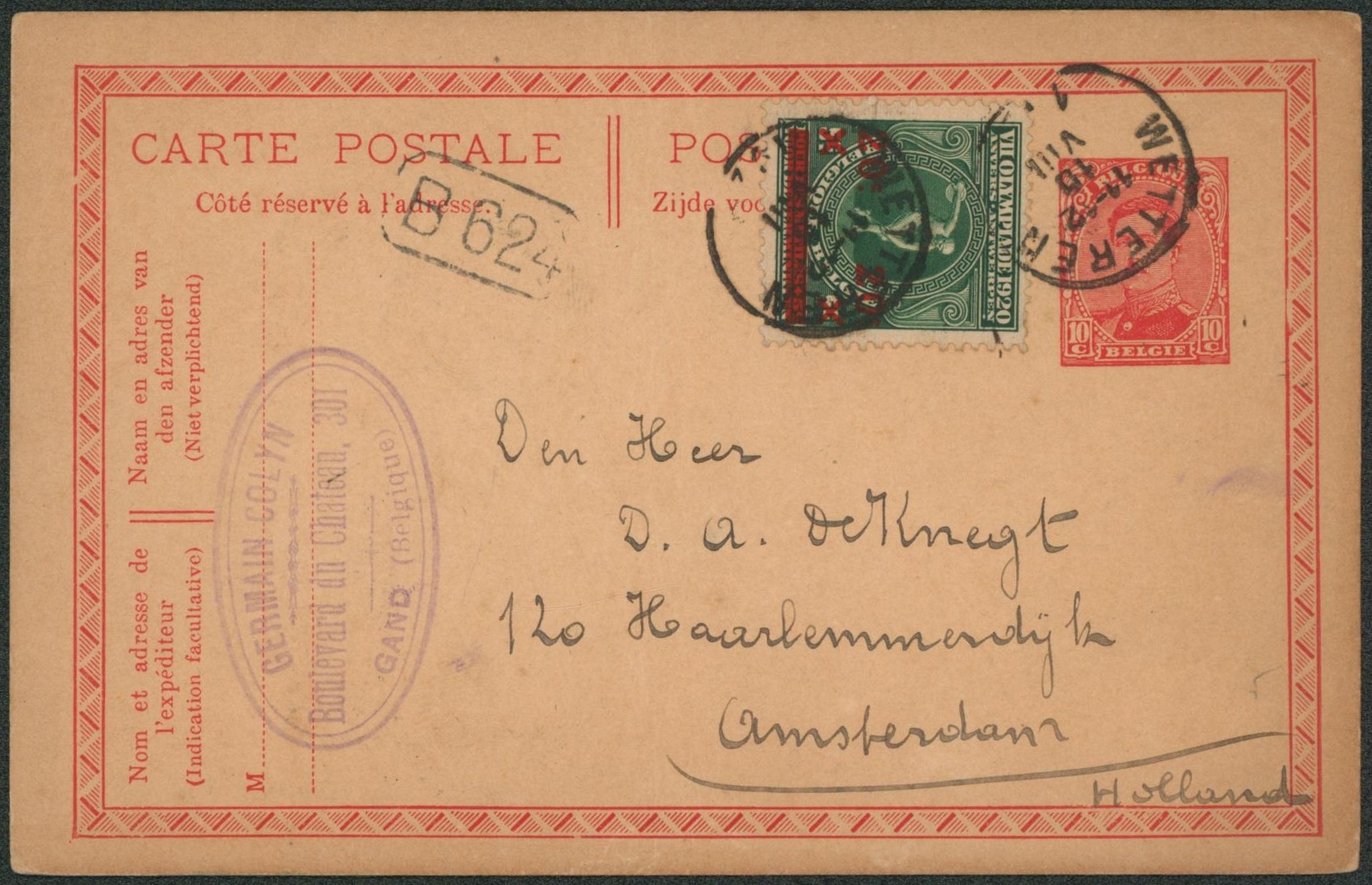 EP au type 10ctm rouge Albert I + n°184 obl S.C. "Wetteren" + cachet privé > Amsterdam