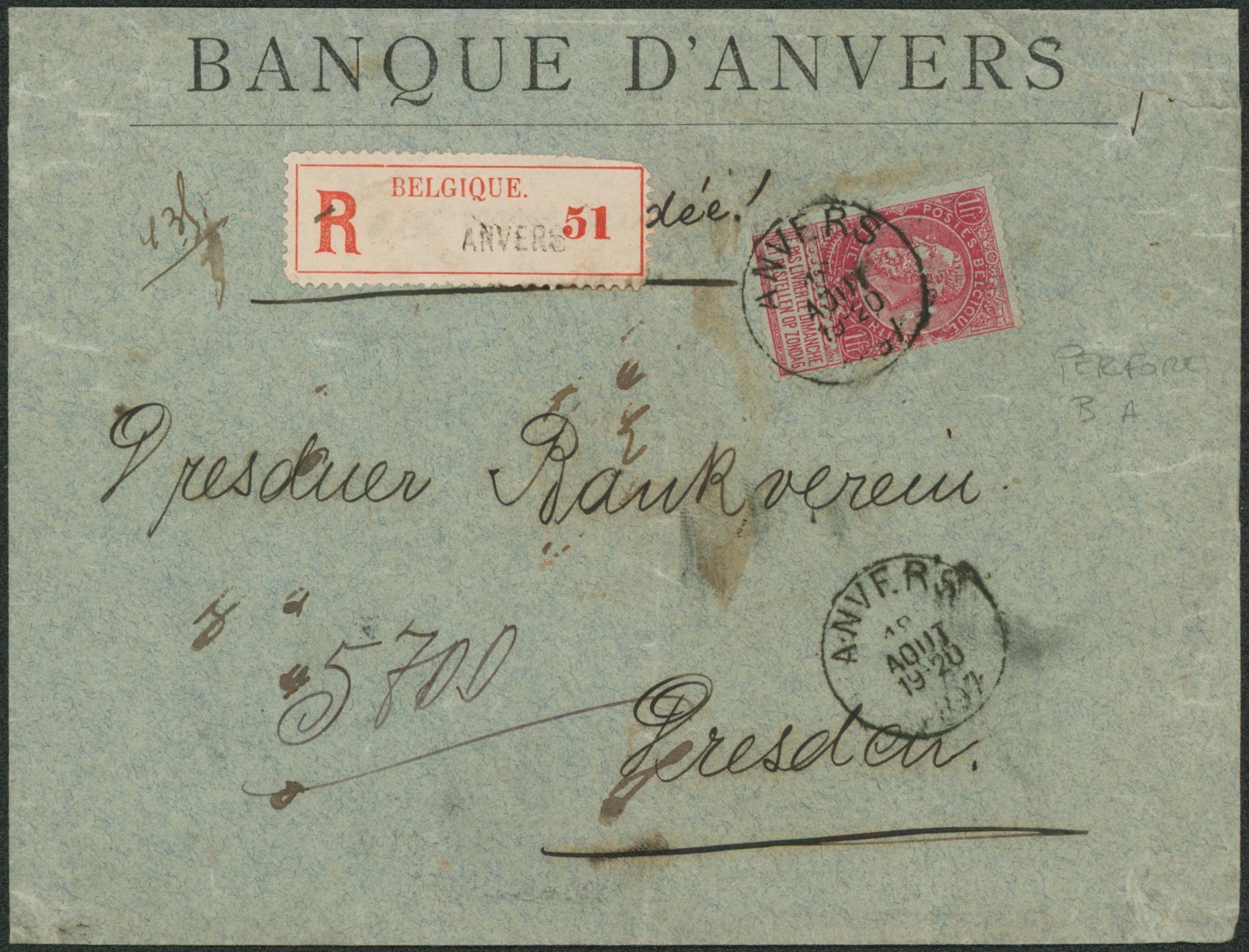 n°64 perforé (banque d'anvers) sur lettre en recommandé de Anvers (43g, triple port) > Dresden (Allemagne)