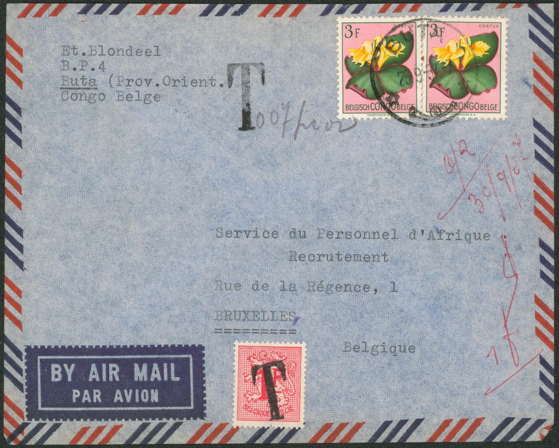 Congo Belge - n°315 x2 (fleur) sur lettre par avion expédié de Buta > Bruxelles, taxé par n°859 annulé par griffe T