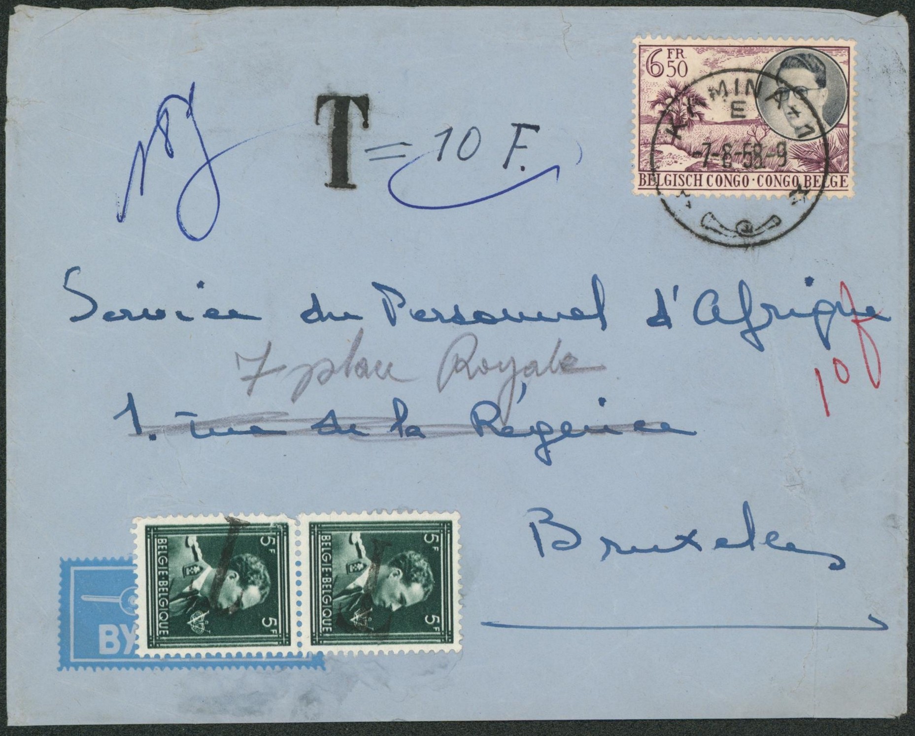 Congo Belge - n°332 sur lettre par avion obl S.C. "Kamina-1" > Bruxelles, taxé par n°646 en paire annulé par griffe T