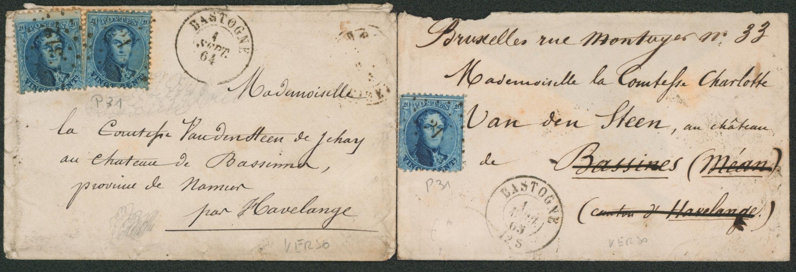 Médaillon dentelé - ensemble de 2 env. + n°15 et 15 x2 obl Pt 31 çàd Bastogne > Mme comtesse charlotte au château de Bassines (canton d'havelange). Divers passage voir verso.