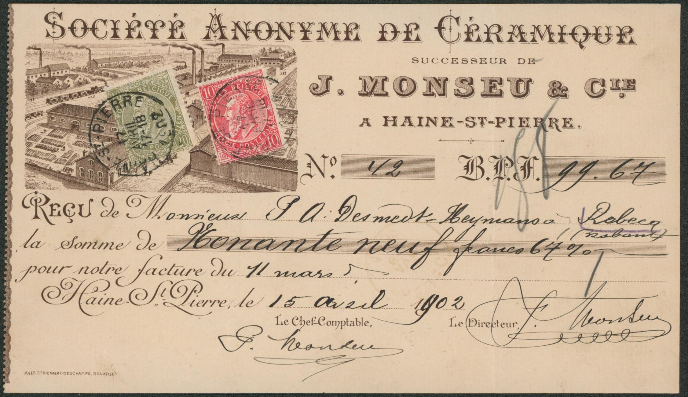 n°58 et 59 sur reçu illustré (société anonyme de céramique, Haine-St-Pierre) pour un montant de 99 Frs > Rebecq.