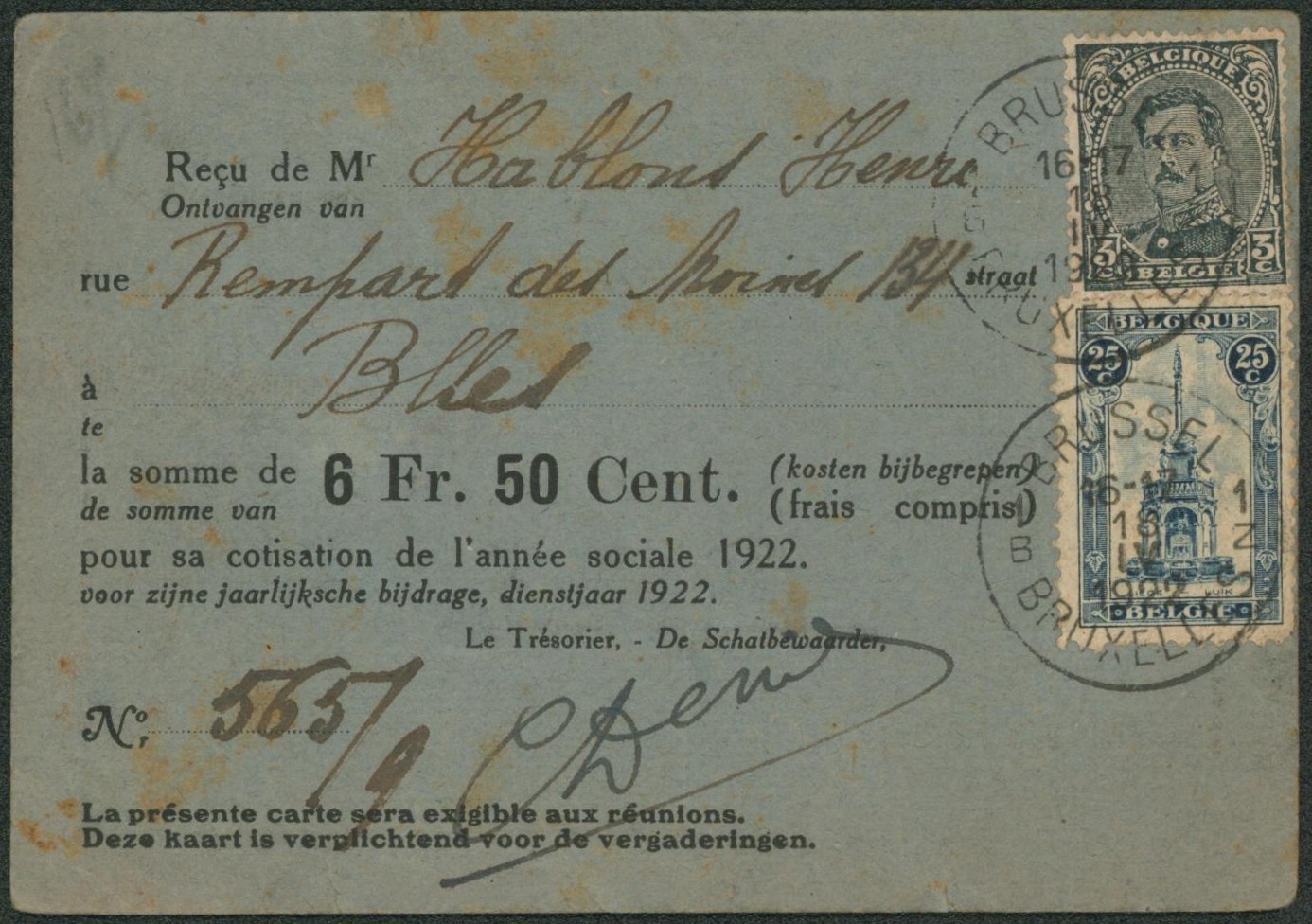 n°183 et Perron de liège sur carte de membre (cotisation, année 1922) Le souvenir de l'exil, ligue national des ex-prisonniers de guerre. Obl S.C. "Brussel / bruxelles"