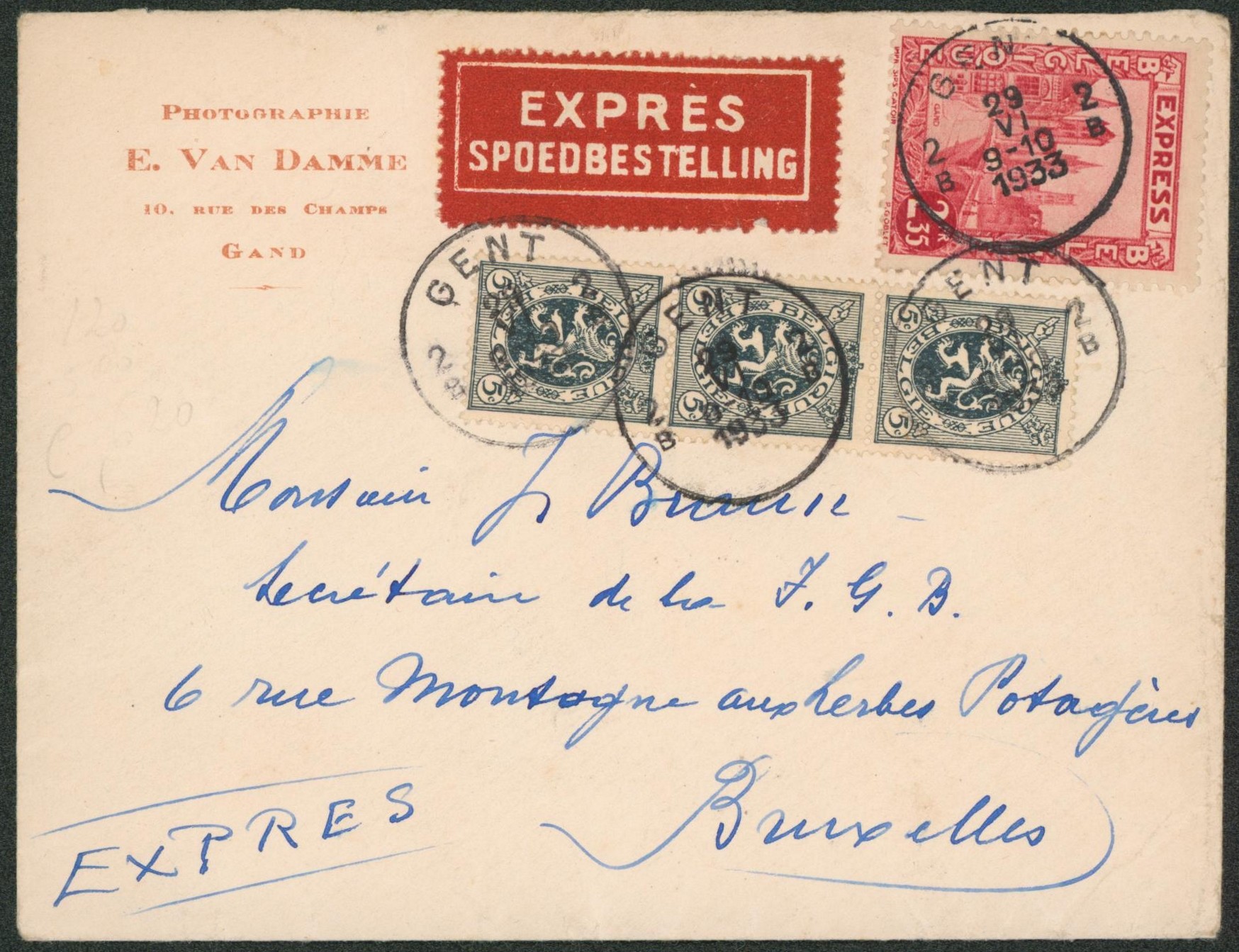 n°279 en bande de 3 et 292D sur lettre en expres de Gent 2B > Bruxelles
