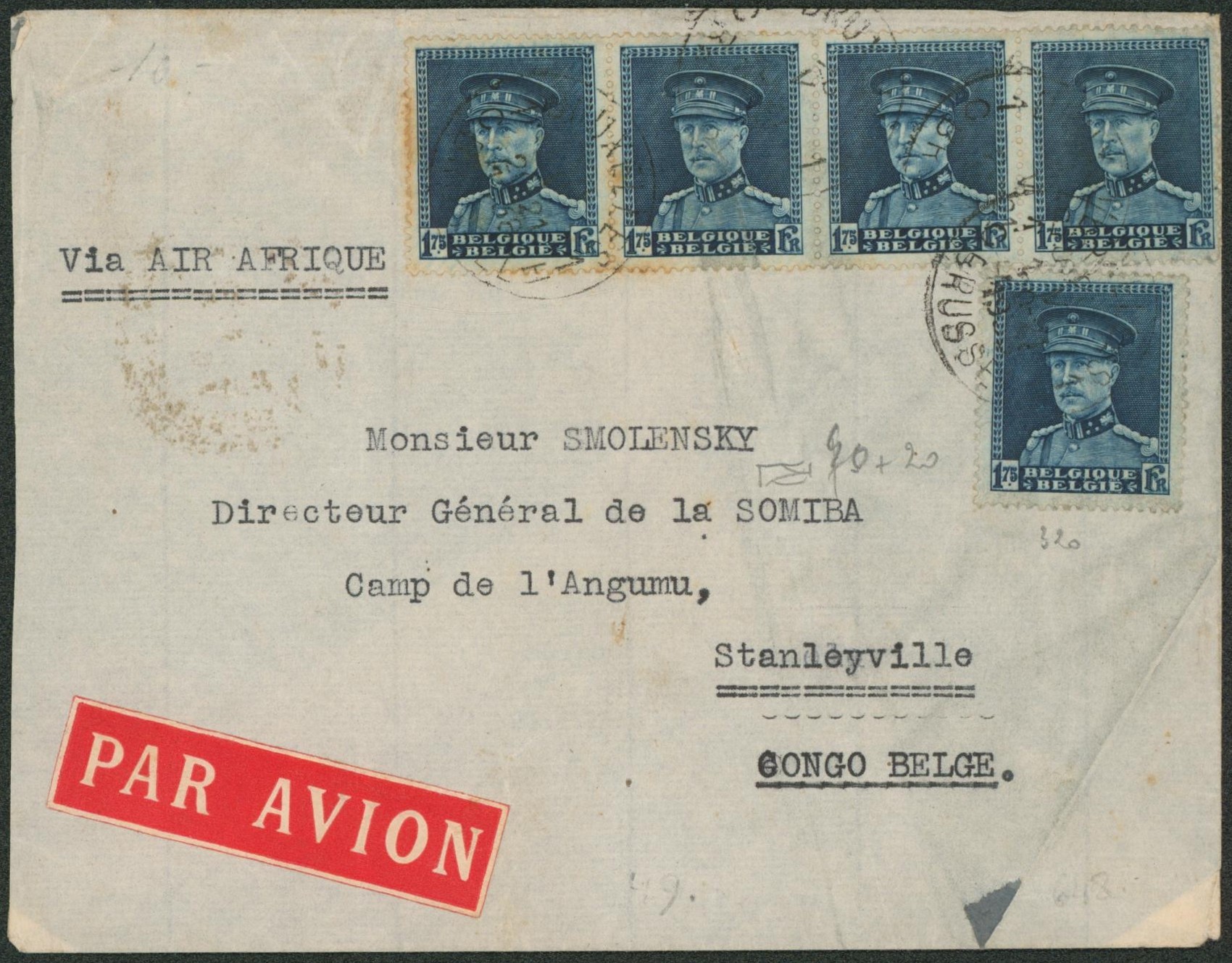 Képi - n°320 x5 sur lettre par avion de Bruxelles > Camp de l'angumu (Stanleyville, congo belge). Via Air afrique