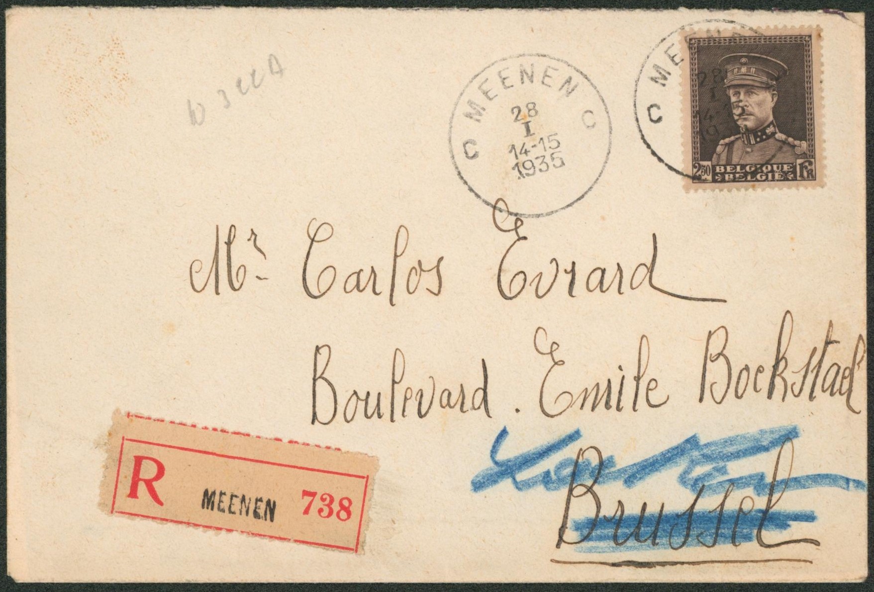 Képi - n°322A sur lettre en recommandé de Meenen C > Brussel redirigé à la craie vers Laeken