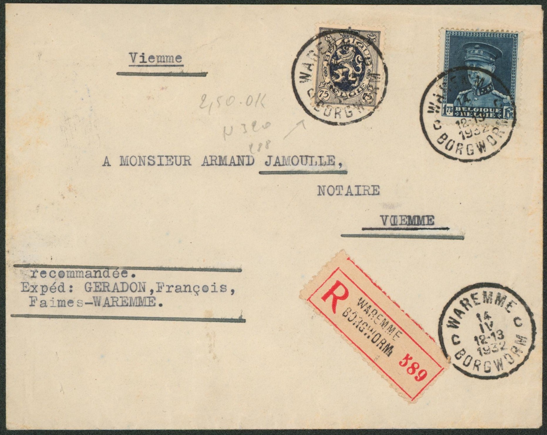 n°279 et 320 sur lettre en recommendé de Waremme / Borgworm > Viemme.
