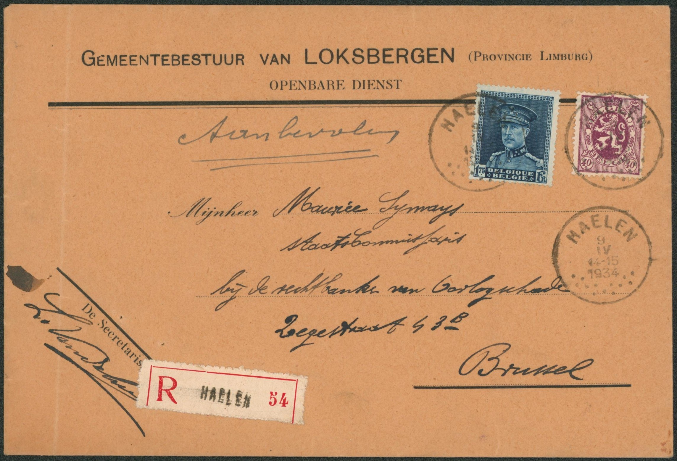 n°284 et 320 sur lettre en recommandé de Haelen (Gemeentebestuur van Loksbergen, limburg) > Brussel.