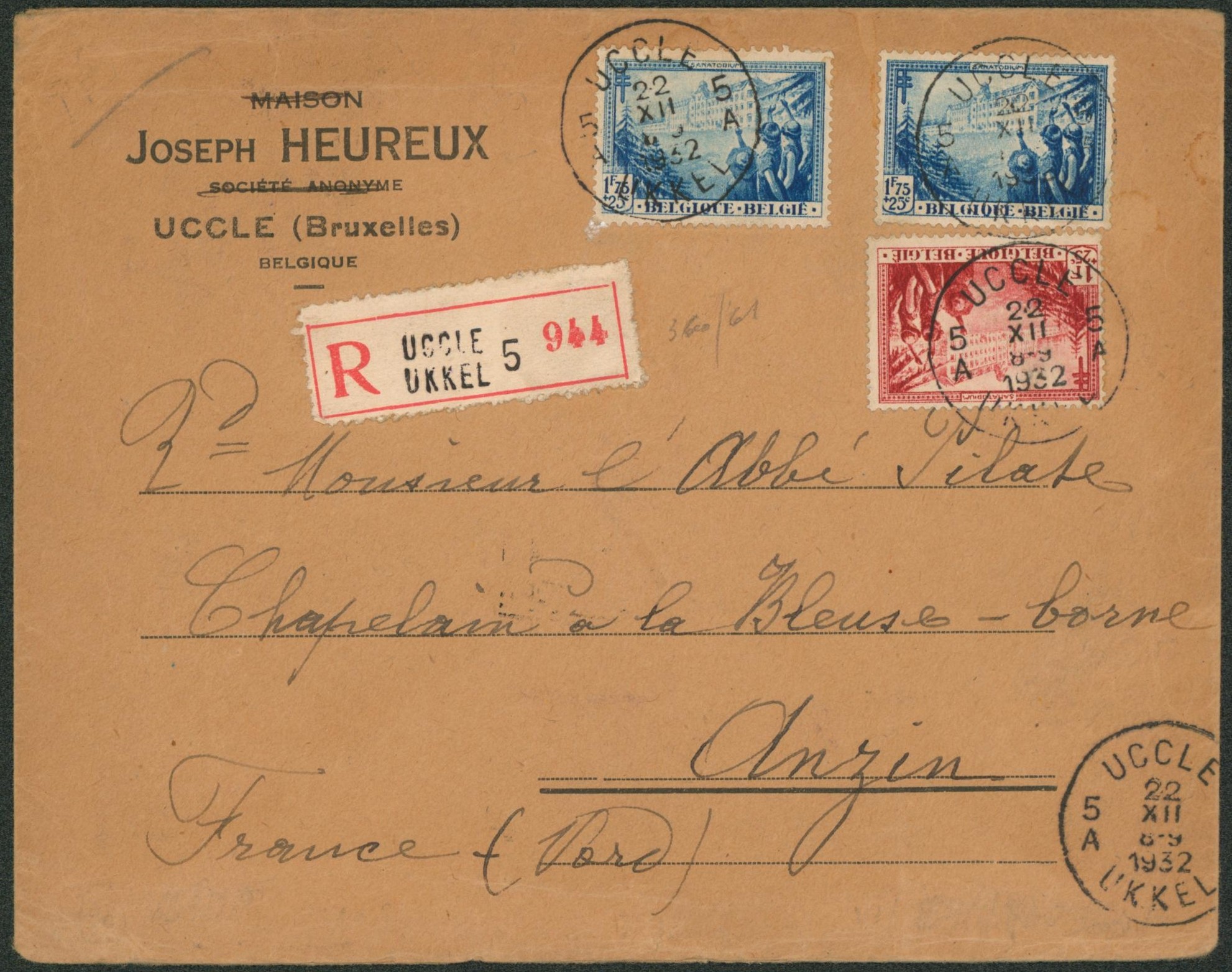 Antituberculeux (Les pins, La hulpe) - n°360 et 361 x2 sur lettre en recommandé de Uccle / Ukkel > Anzin (France). TB