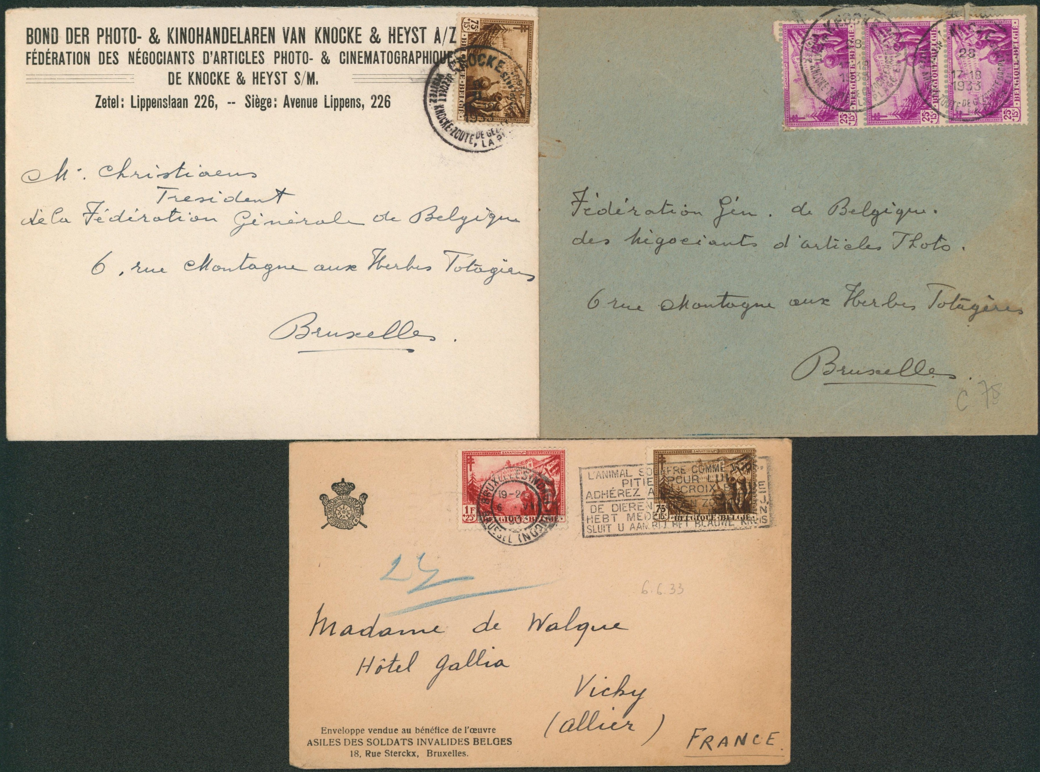 Antituberculeux (Les pins, La hulpe) - Ensemble de 3 lettres avec affranchissement divers > Vichy (France) & Bruxelles. A voir