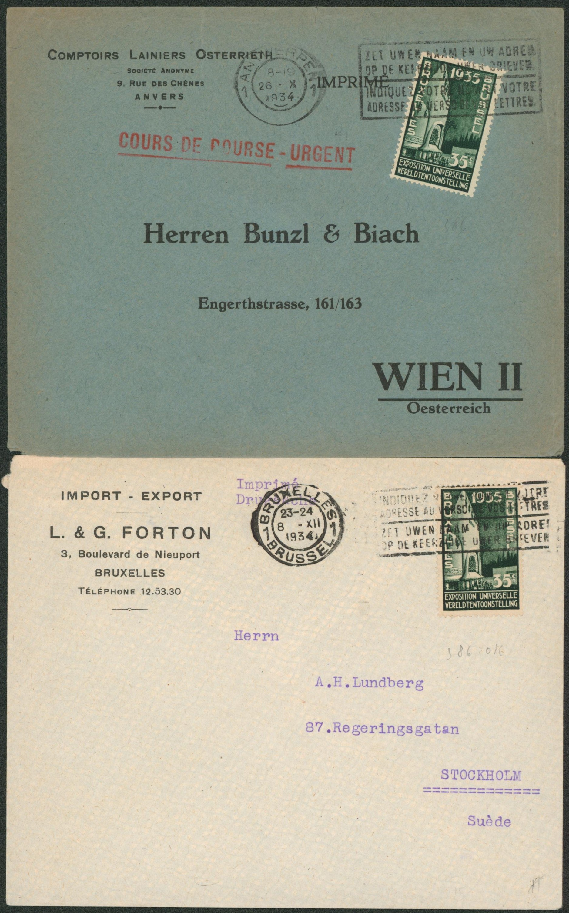 Exposition 1935 - n°386 sur deux lettres (tarif lettre imprimé) de Bruxelles > Stockholm et Wien.