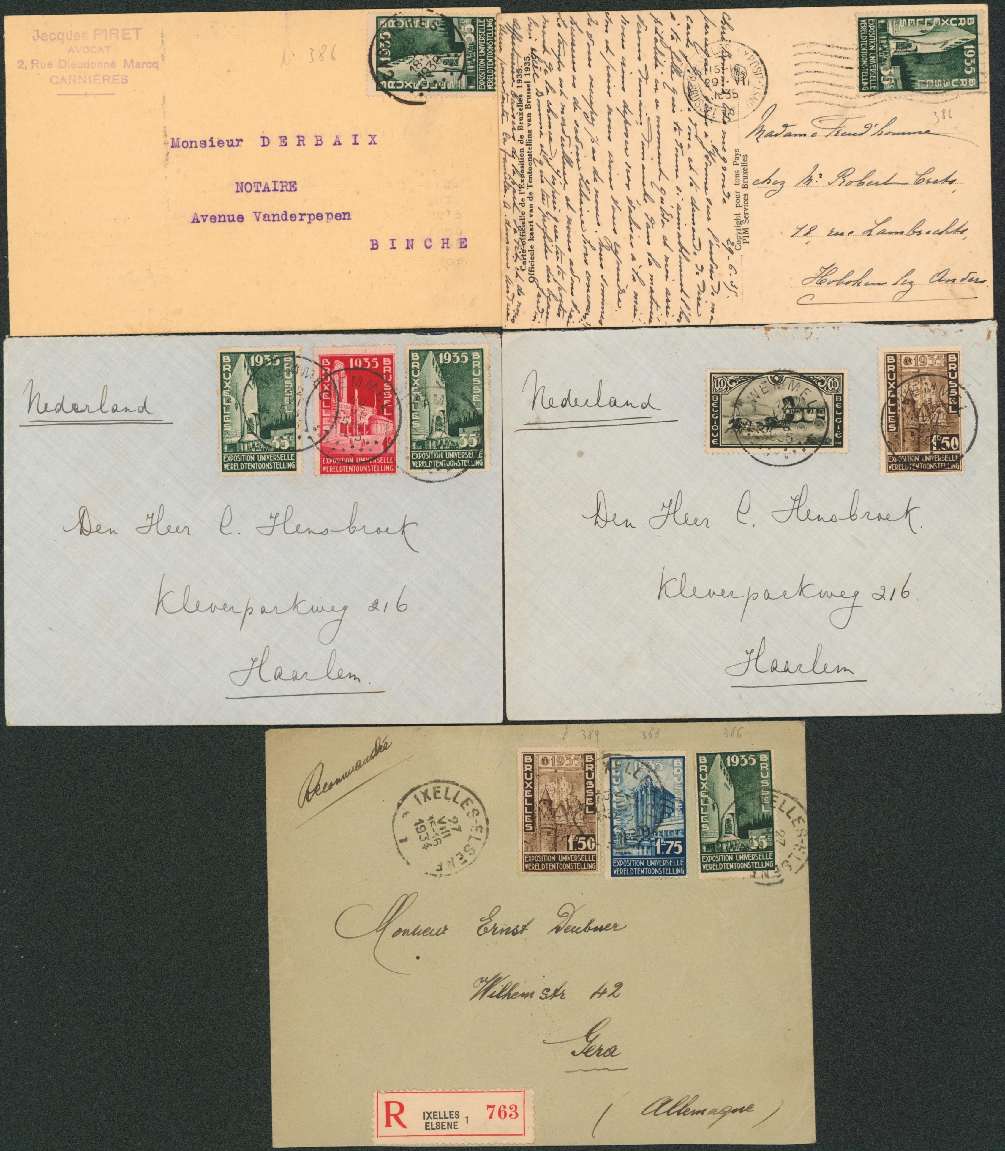Exposition bruxelles 1935 - ensemble de 5 documents (tarif et destination divers). A voir ! Bel ensemble.