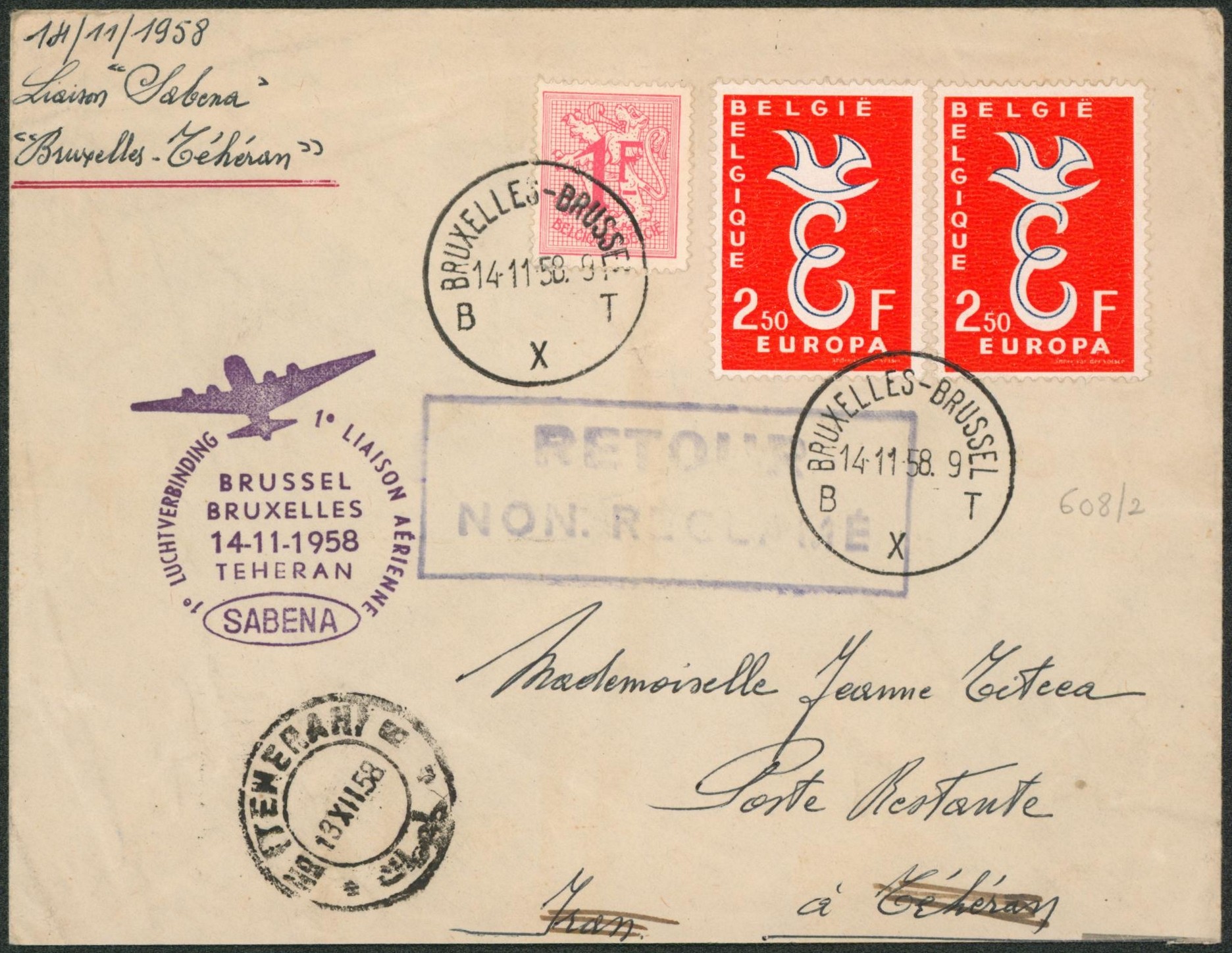 Affranch. Mixte sur lettre par avion SABENA (Bruxelles-téhéran 14/11/58) > poste restante + grande griffe RETOUR / NON RECLAME