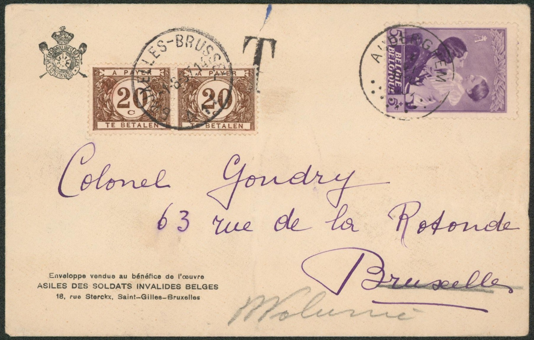 n°450 sur lettre expédié de Auderghem > Bruxelles, taxé à 40ctm redirig" vers Woluwé.