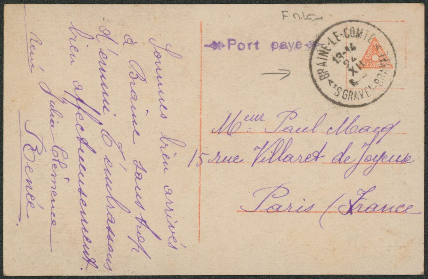 CP en S.M. obl de fortune "Braine-le-comte / 'S graven-Brakel" + griffe violette PORT PAYE avec fléron > Paris.