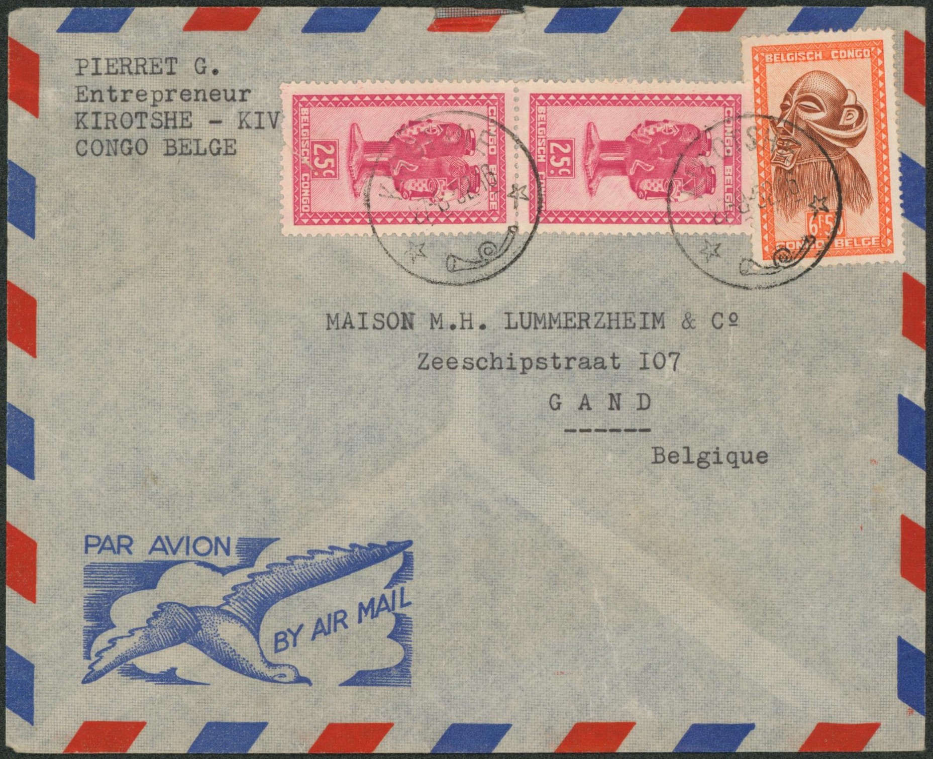 Congo Belge - Masques (soit 7F) sur lettre par avion de Kirotshe > Gand. TB