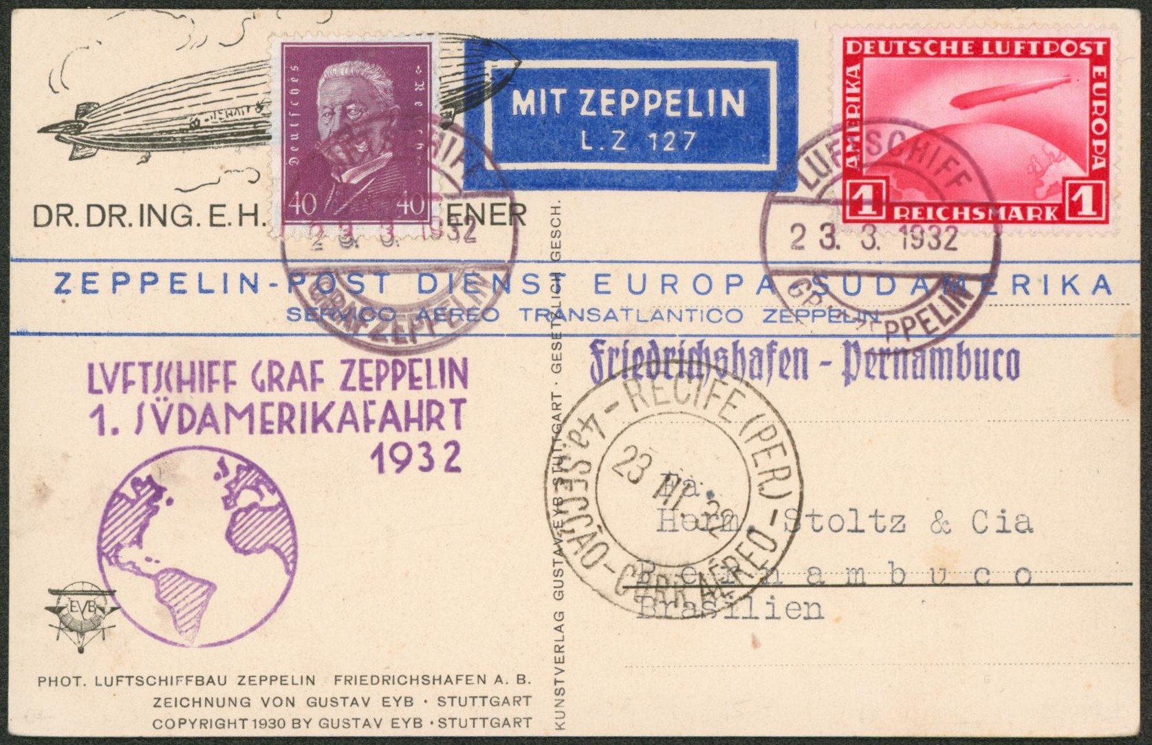 Allemagne - Yv n°409 + PA35 sur CP voyagé par Zeppelin 1. Sudamerikafahrt 1932 > Pernambuco (Brésil)