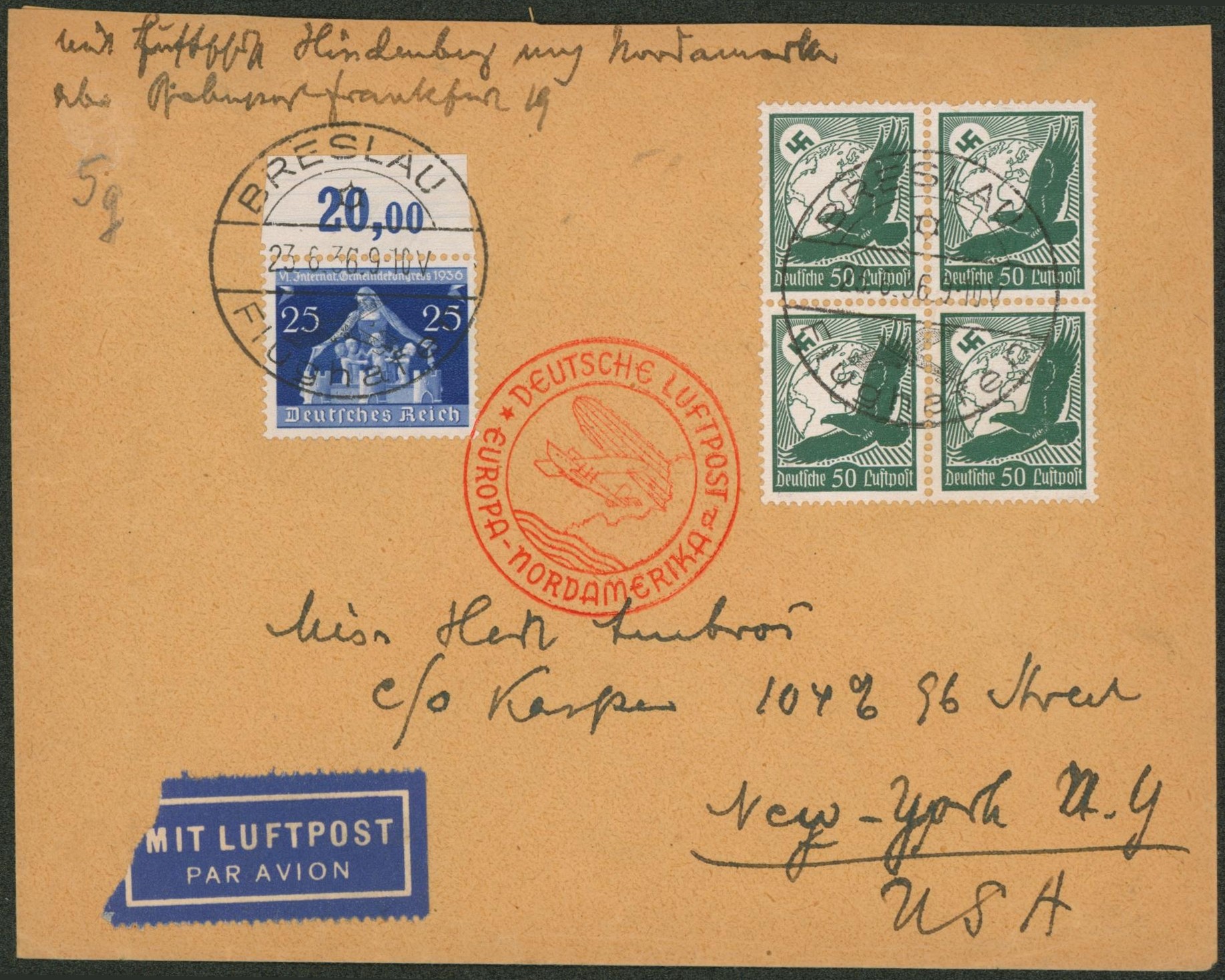 Allemagne - Yv n°576 et PA49 en bloc de 4 sur lettre par Zeppelin (Europa-Nordamerika) Breslau > New-York (USA)