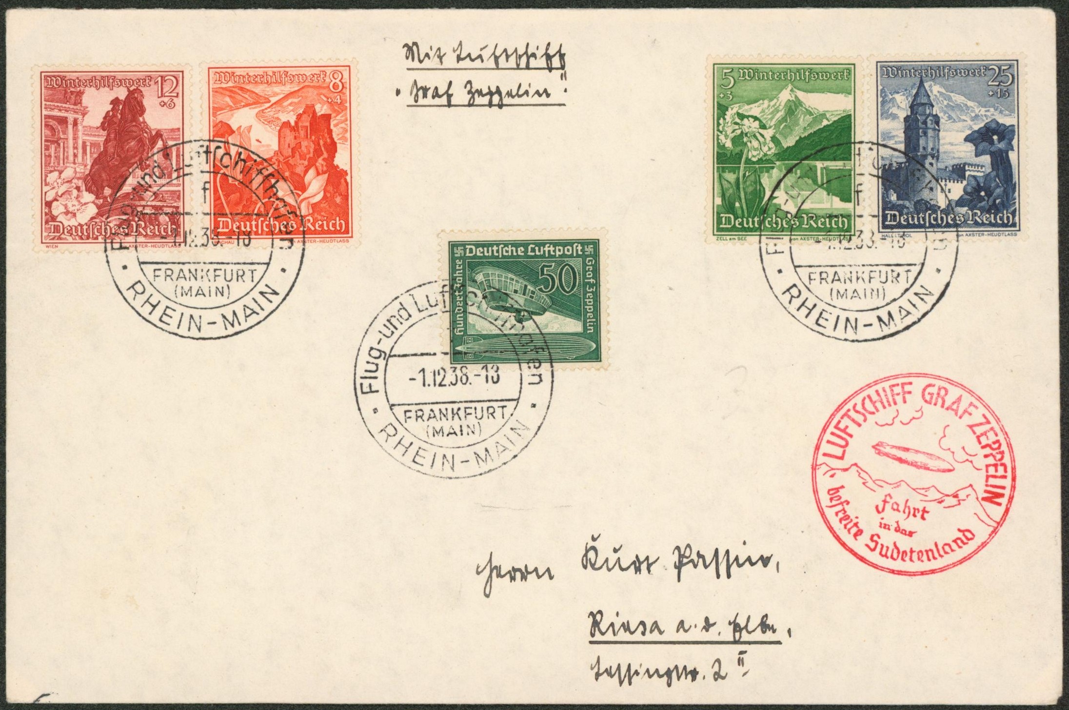 Allemagne - Bel affranchissement mixte sur lettre par zeppelin (Sudetenland)  > Allemagne.